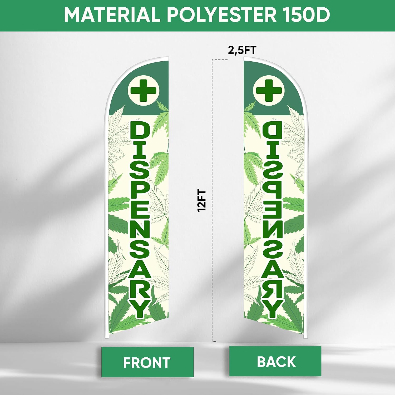 Dispensary Flag - Durable Dispensary Feather Flag - Swooper Flags Only - Set of Two Advertising Flags for Business and Events Promotion 12ft x 2.5ft (Pole not included)
