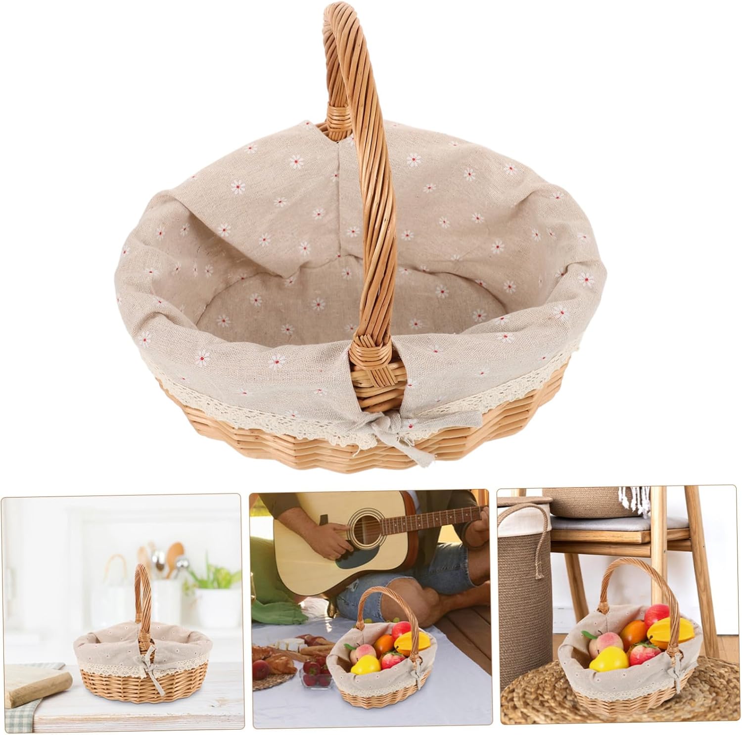 Happyyami Natural Wood Woven Picnic Basket with Handle Lightweight Decorative Storage Basket for Fruit Picking Shopping and Outdoor Use