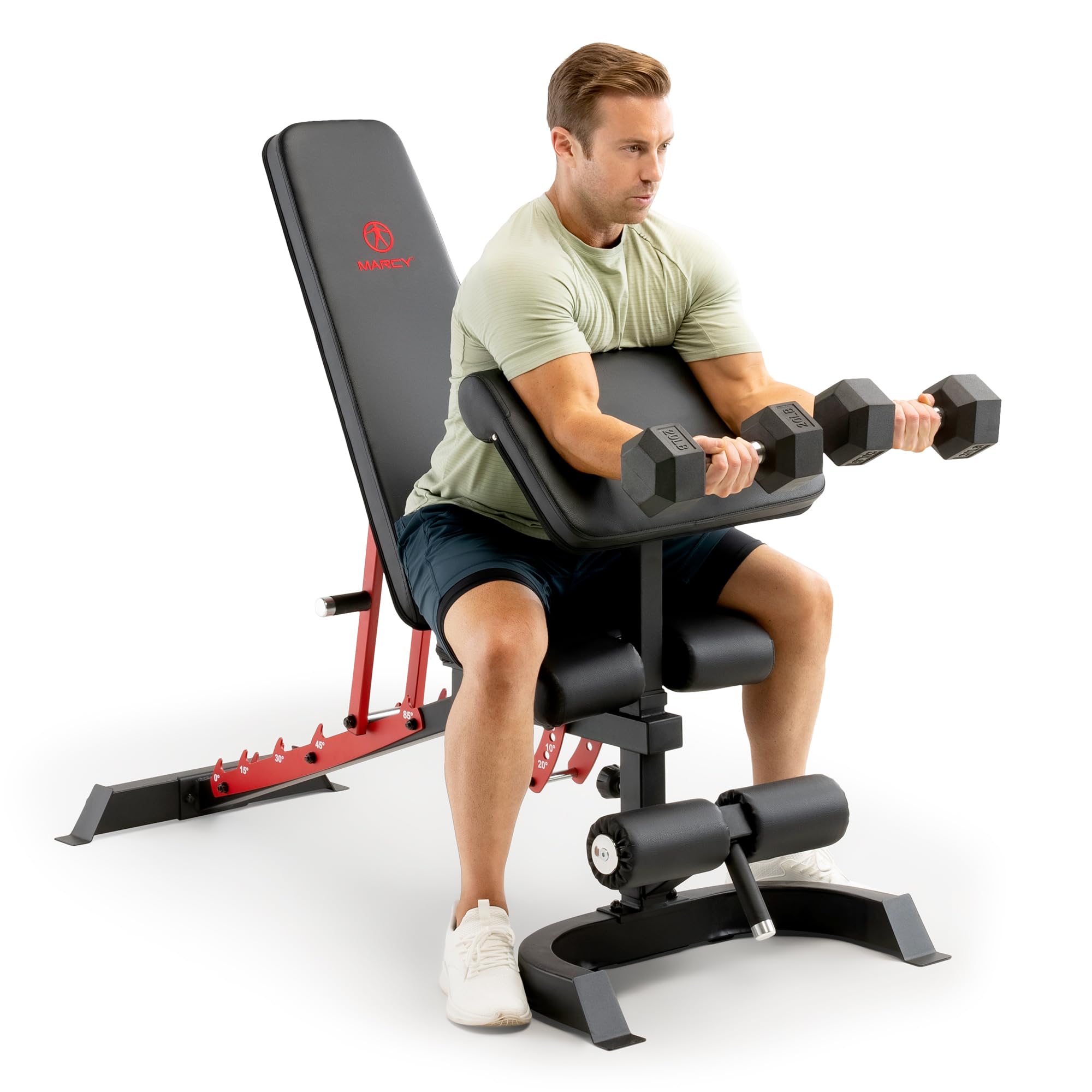 Marcy - Banco de entrenamiento para gimnasio en casa, banco de entrenamiento resistente con respaldo de 7 posiciones, inclinado plano, cojín de curvatura de predicador, anclaje de piernas | Carga Máxima 135 kg, Soporte De Bíceps En 3 Alturas, Desarrollado