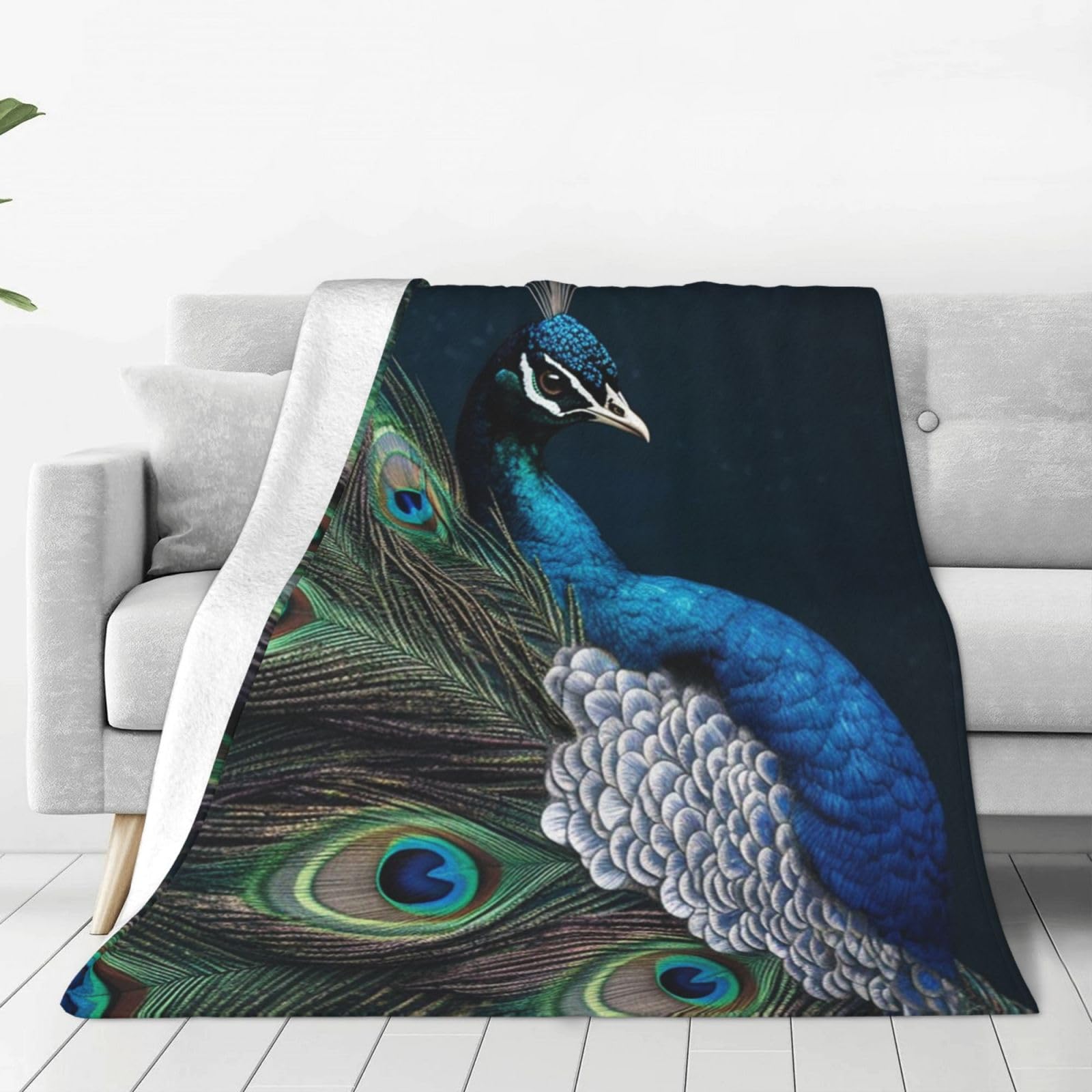 Plaid en flanelle bleu 152x127 cm avec motifs plumes de paon raffinés