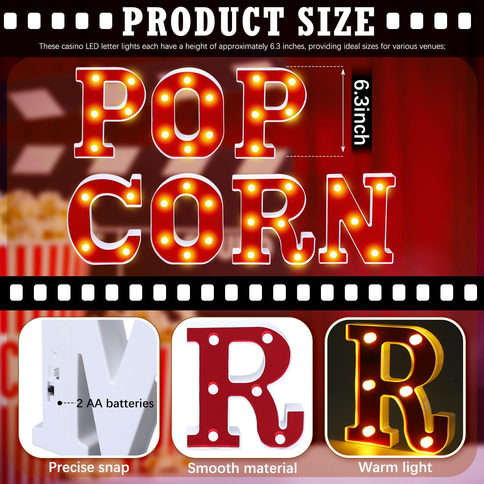 Aurelema Popcorn-Leuchtbuchstaben, Partydekoration, batteriebetrieben, Festzelt, beleuchtetes Schild, LED-Alphabet, Buchstabenlichter für Nachtparty, Tischdekoration, Zubehör