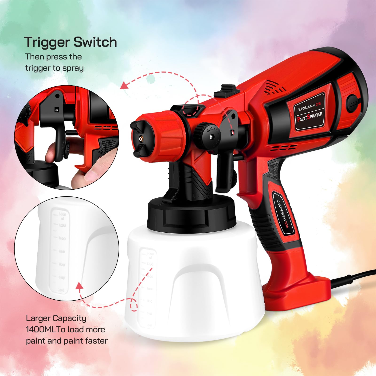 Pistola de Pintura,800W HVLP Pulverizador de Pintura Eléctrico con Recipiente de 1400ml, Flujo Máximo de 1000ml/min,4 Boquillas para la Pulverización y Limpieza del Bricolaje