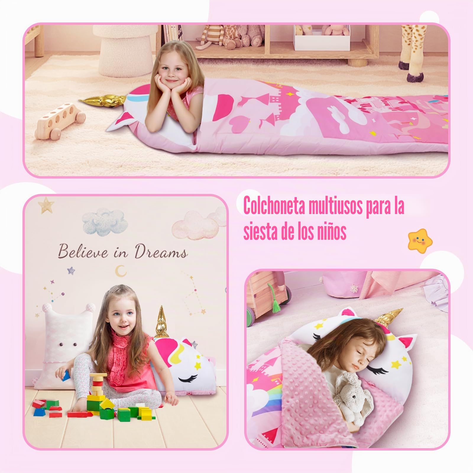 decalsweet Cálida Alfombrilla de Siesta para Niños Pequeños con Almohada Extraíble, Saco de Dormir Plegable para Niñas y Niños, Bolsa de Dormir con Cremallera para Camping Siesta, 150×60cm