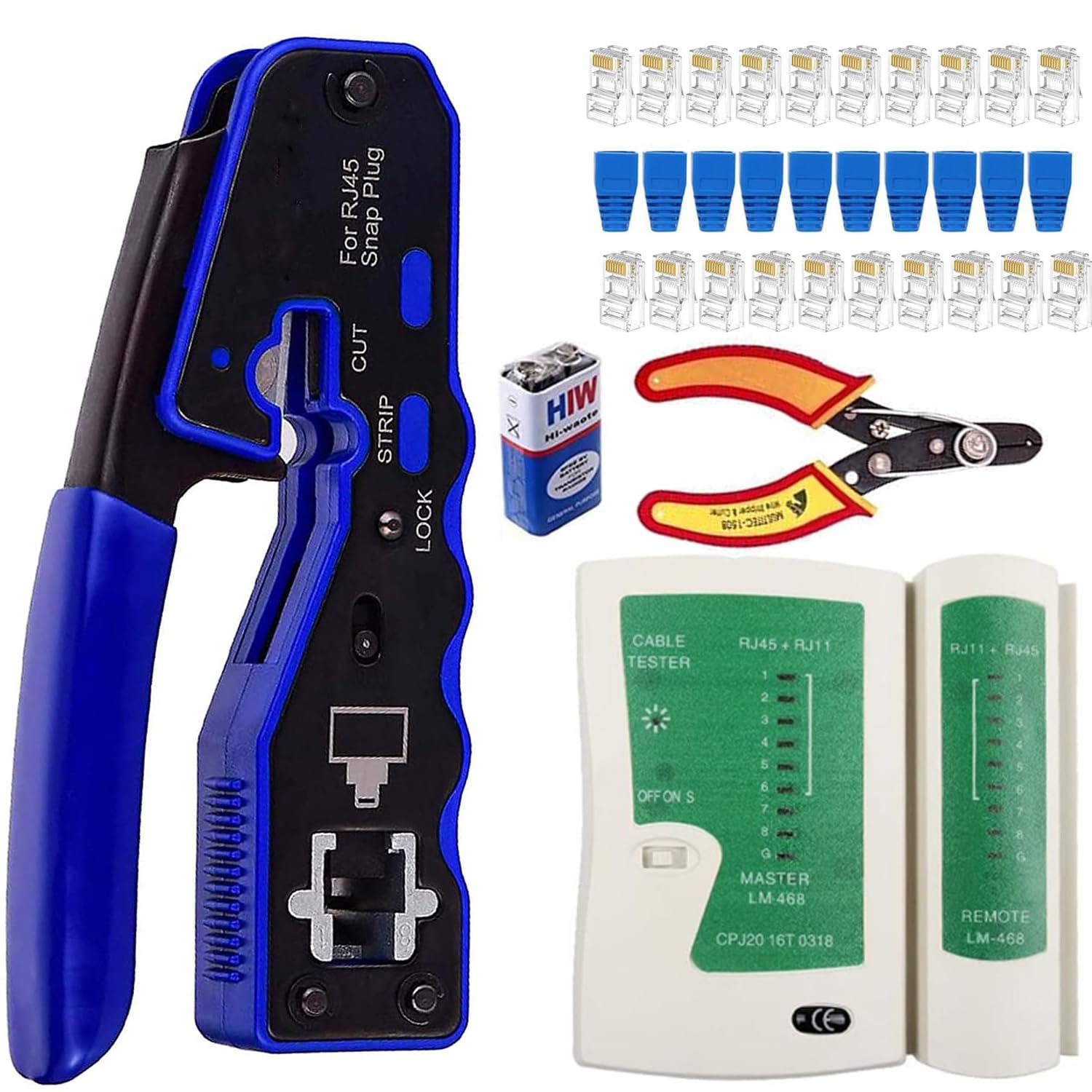 Inditrust RJ45 Crimping Tool Kit Ethernet 8P Crimper for Cat7/Cat6A/Cat6/Cat5E/Cat5 Includes Network Cable Tester Battery 10pc RJ45 10pc Cat6 Pass-Through Connectors 10pc Boot covers wire stripper-picture-31