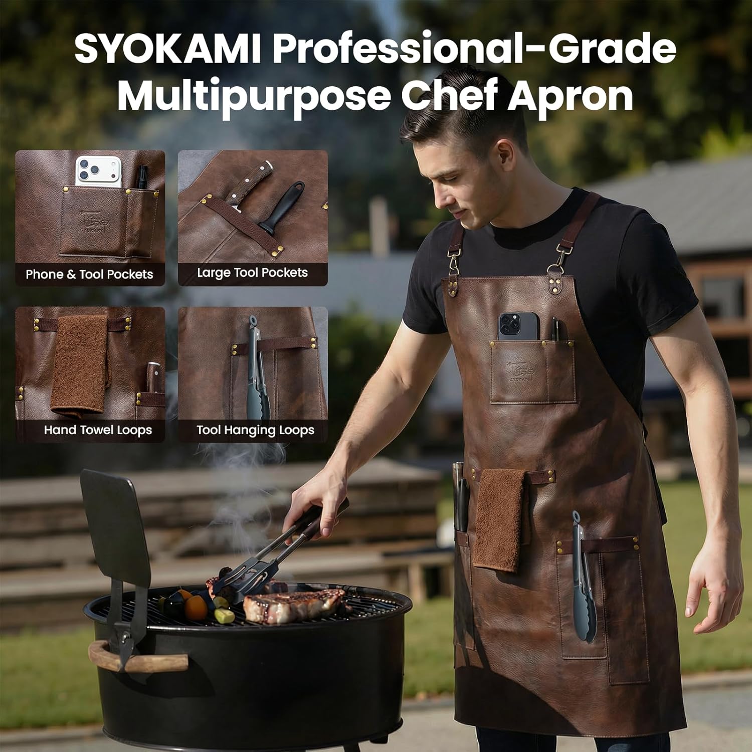 Leather Chef Cooking Apron for Men, Cross Back Apron for All-Day Comfort, Waterproof Apron with Multiple Pockets, Great for Kitchen, Baking, BBQ, Butcher Work or Crafts, Ideal Gift - Image 2