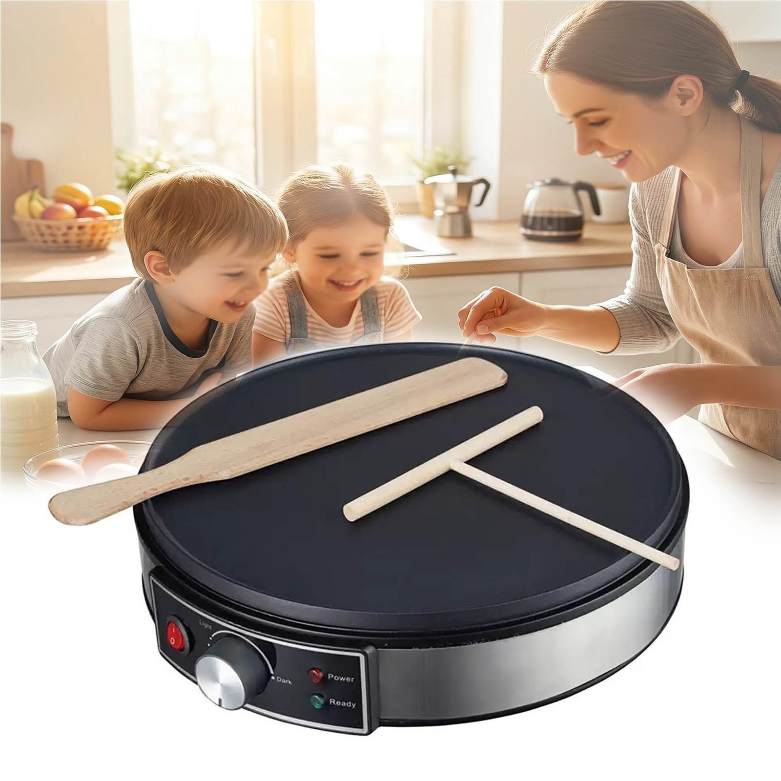 Piastra per Crepes Elettrica 30cm con Controllo Temperatura Regolabile Spatola in Legno per Crepes Pancake Uova Tortilla e Griglia Macchina per Pancake Antiaderente per Uso Domestico