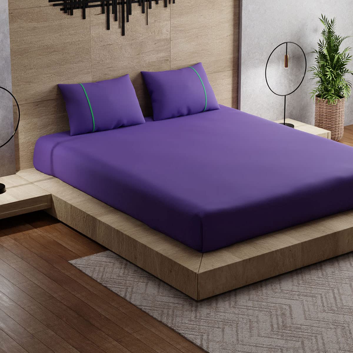 Stoa Paris Bedsheet for Double Bed Size, Plain Cotton Bedsheets Sets, Combo of Violet with Smart Labelling, Queen Sheets with Pillow Covers, 1 Flat Sheet (90x100”) & 2 Pillowcases (18x27”)