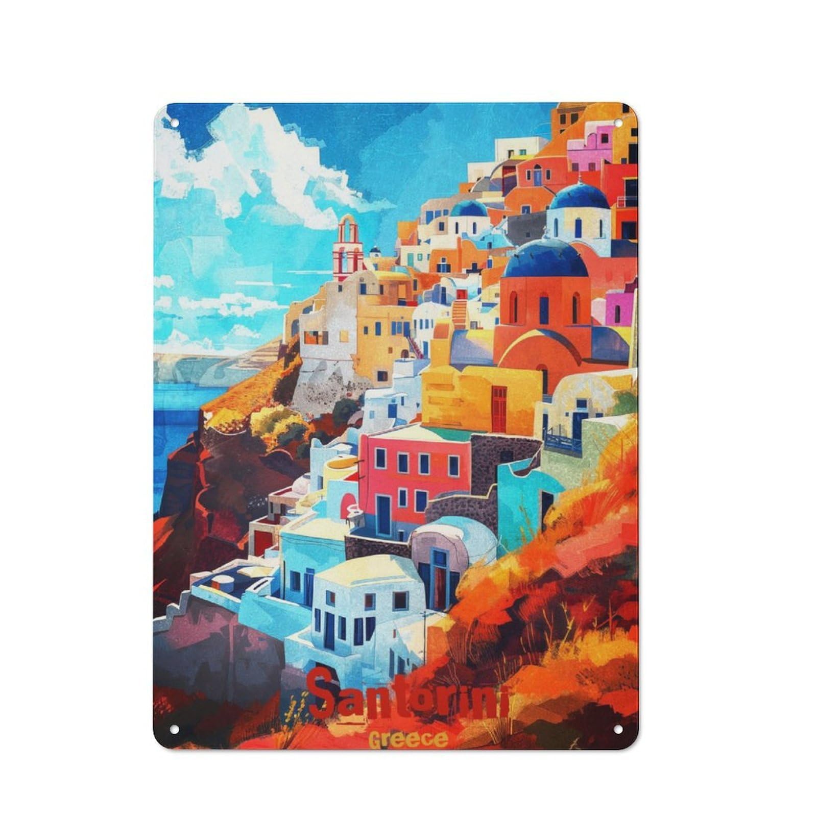 Junmoney Santorini Art Industrial-Style Tin Sign 40X30cm For Pub Or Café, Suited To Pub Decor Enthusiasts