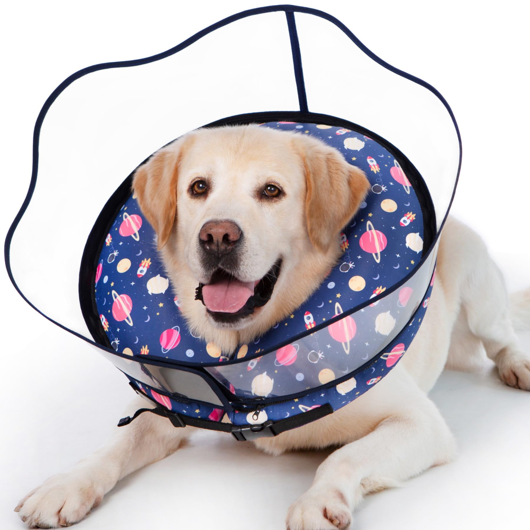 Photo 1 of Inflatable Dog Cone Collar,Waterproof Soft Dog Donut Cone for Large Medium Small Dogs Cats, Recovery Pet E-Collar Alternatives After Surgery (Planet-with Shield, Medium+)