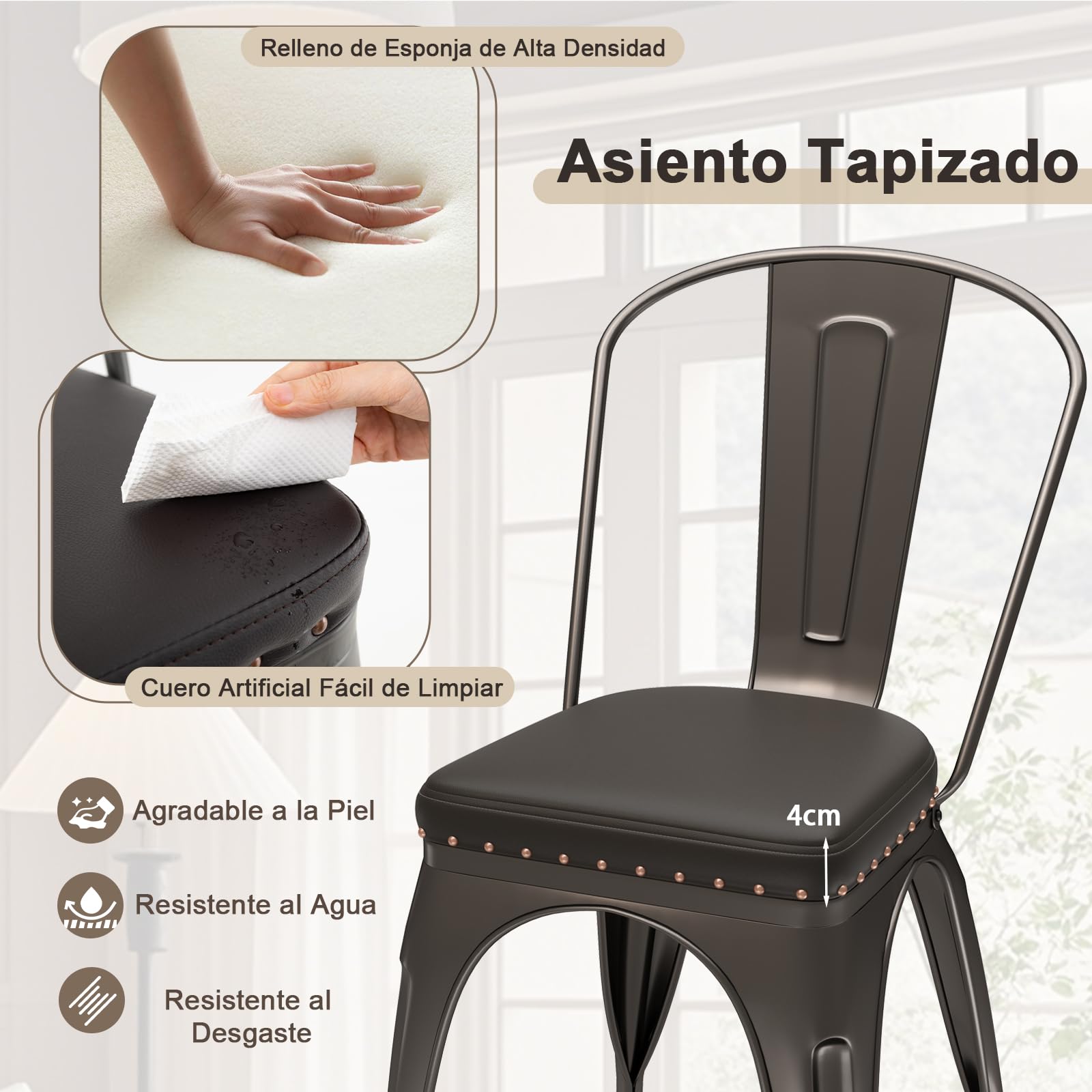 GIANTEX Juego de 4 Sillas de Comedor de Metal Apilables, Asiento Acolchado y Respaldo Desmontable, Carga hasta 150 kg, Sillas de Estilo Industrial para Restaurante, Cafetería, Bistró (Marrón)