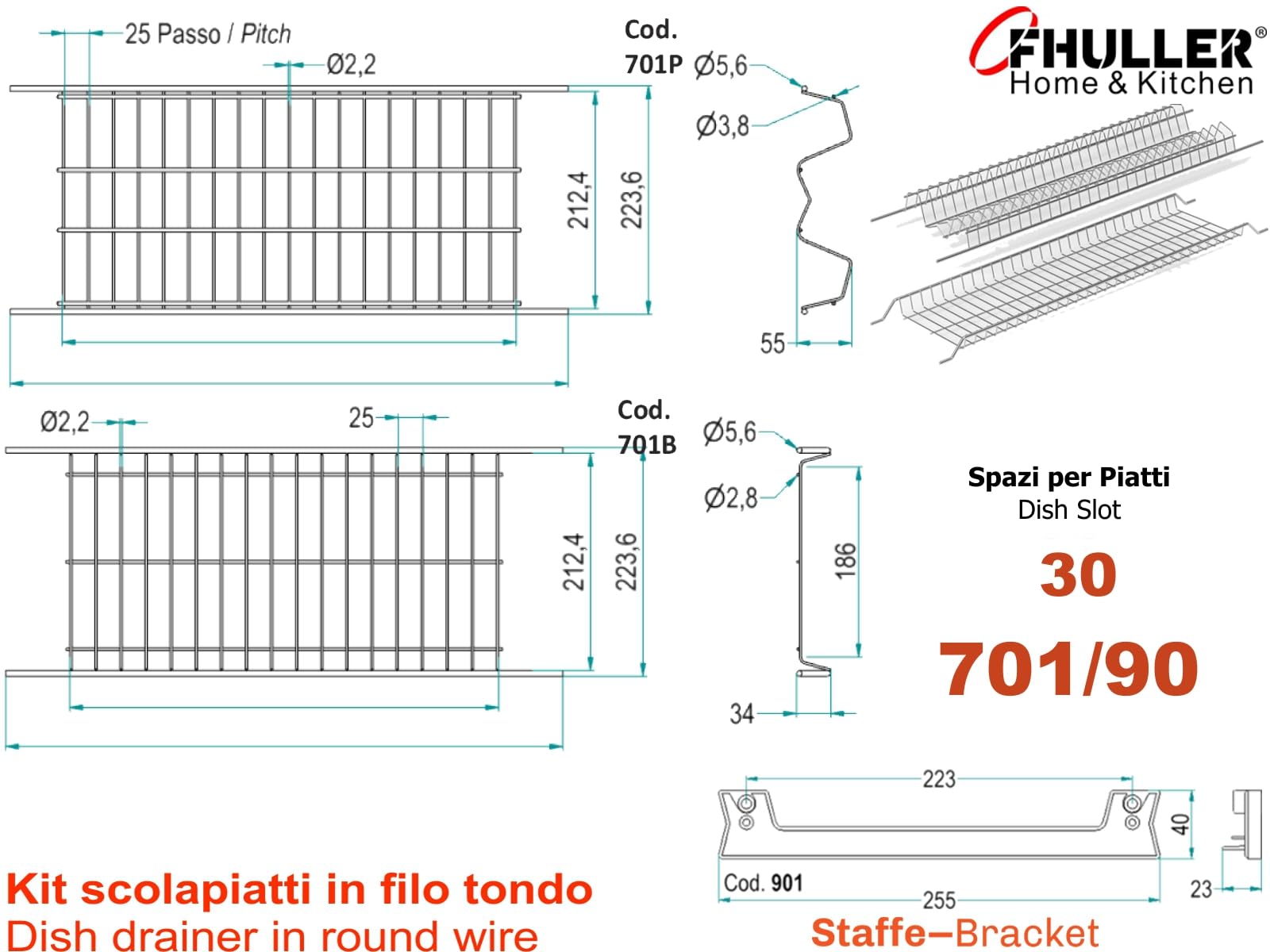 Scolapiatti Incasso Filo Acciaio Inox (NO Cromato o Verniciato Grigio) Per PENSILE 90 INTERNO 86,4 Misura Scolapiatti 85,6-701/90 XP3 Griglia Portapiatti+Bicchieri + 2Staffe+Vaschetta+Telaio