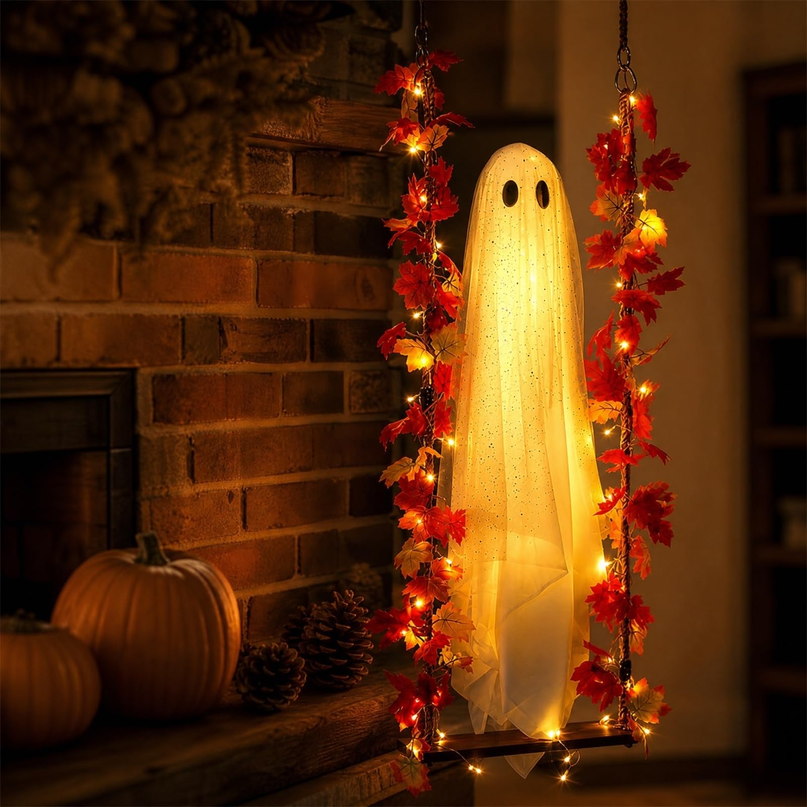 Wiszący duch na Halloween, dekoracja ze światłem LED i huśtawką w kształcie liścia klonu, zdalnie sterowana dioda LED, do użytku wewnątrz i na zewnątrz, na drzewo, werandę, jesienną girlandę