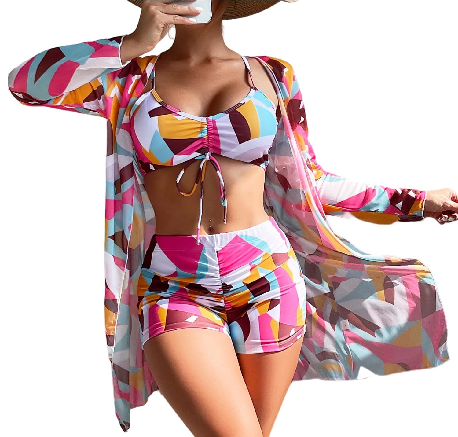 YknktstcWomens Pieces Bikini Set Swimsuit Tropical Beach Cover up Kimono  Swimwear Bathing Suit with Boy Shorts