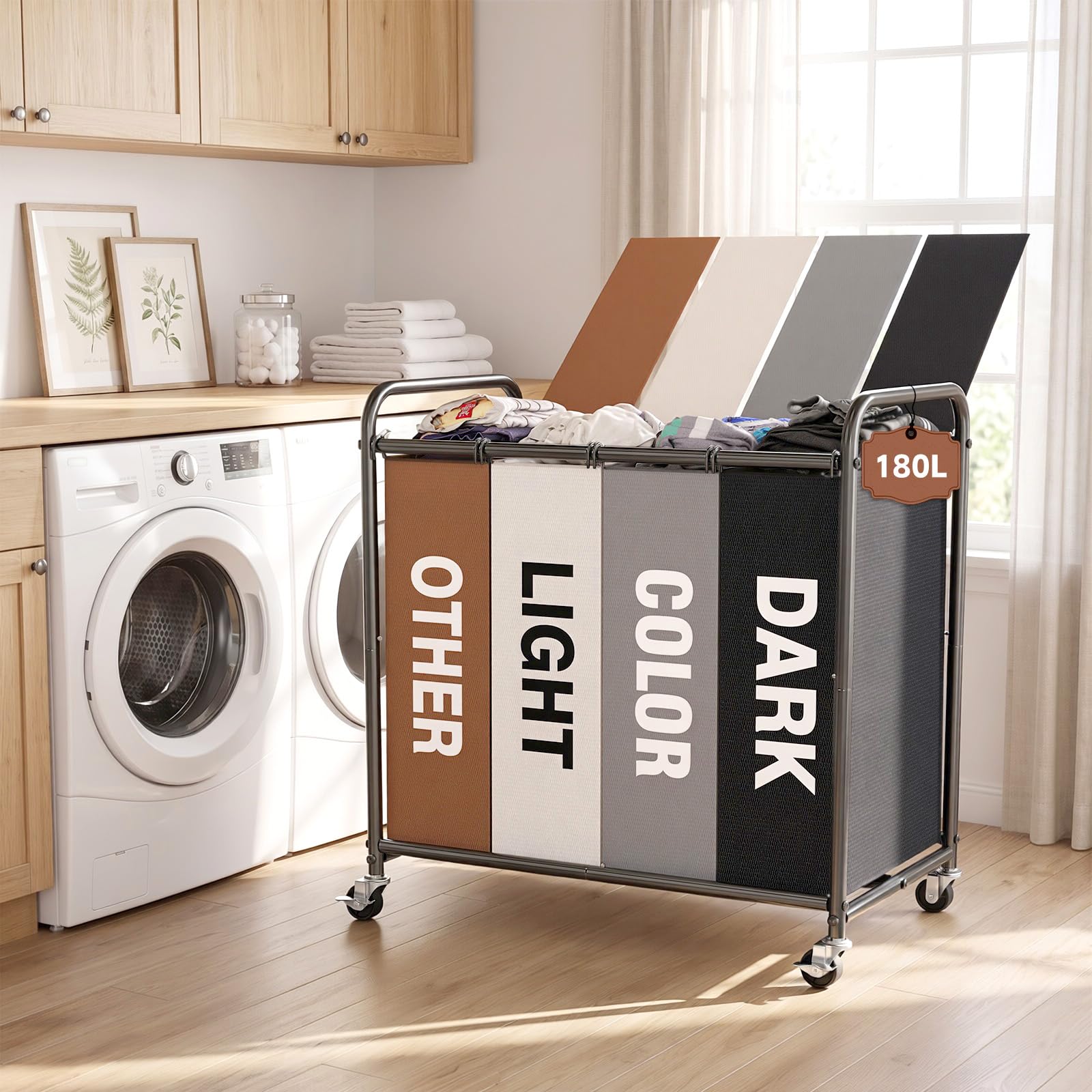 180L Laundry Sorter 4 Section with Lockable Wheels and Lid Multicolor