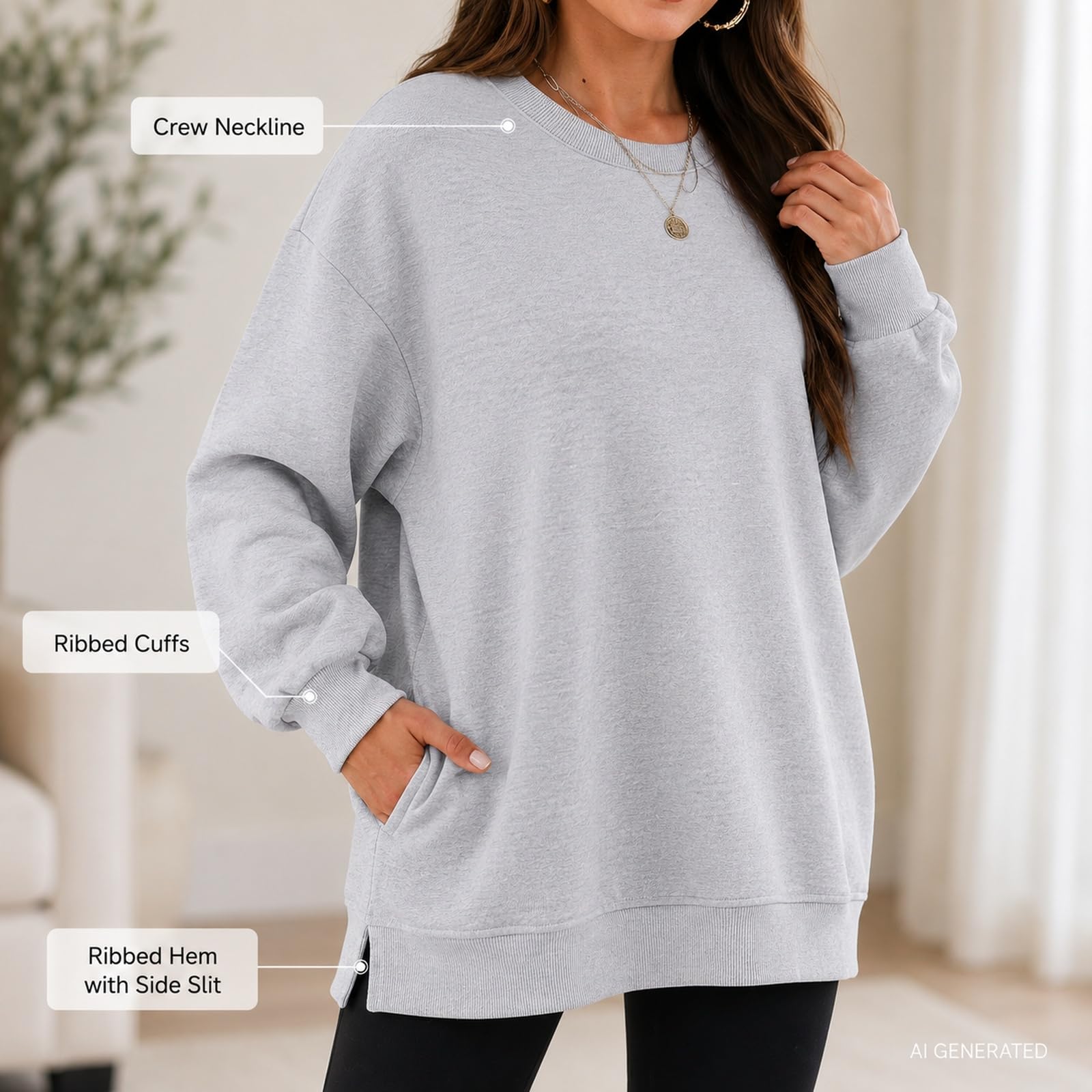 Damska bluza oversize z okrągłym dekoltem sweter z długim rękawem luźny