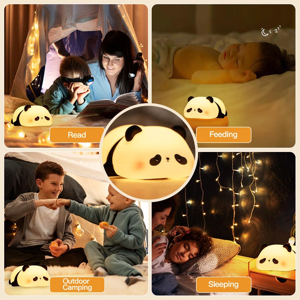 URAQT Luz Nocturna Infantil, Panda Luz Nocturna Infantil de Silicona, 3 Niveles Brillo Ajustable y 30Minutos Temporizador, USB Recargable LED Lámpara Nocturna Regalo para Niños y Bebés (Panda Papa)