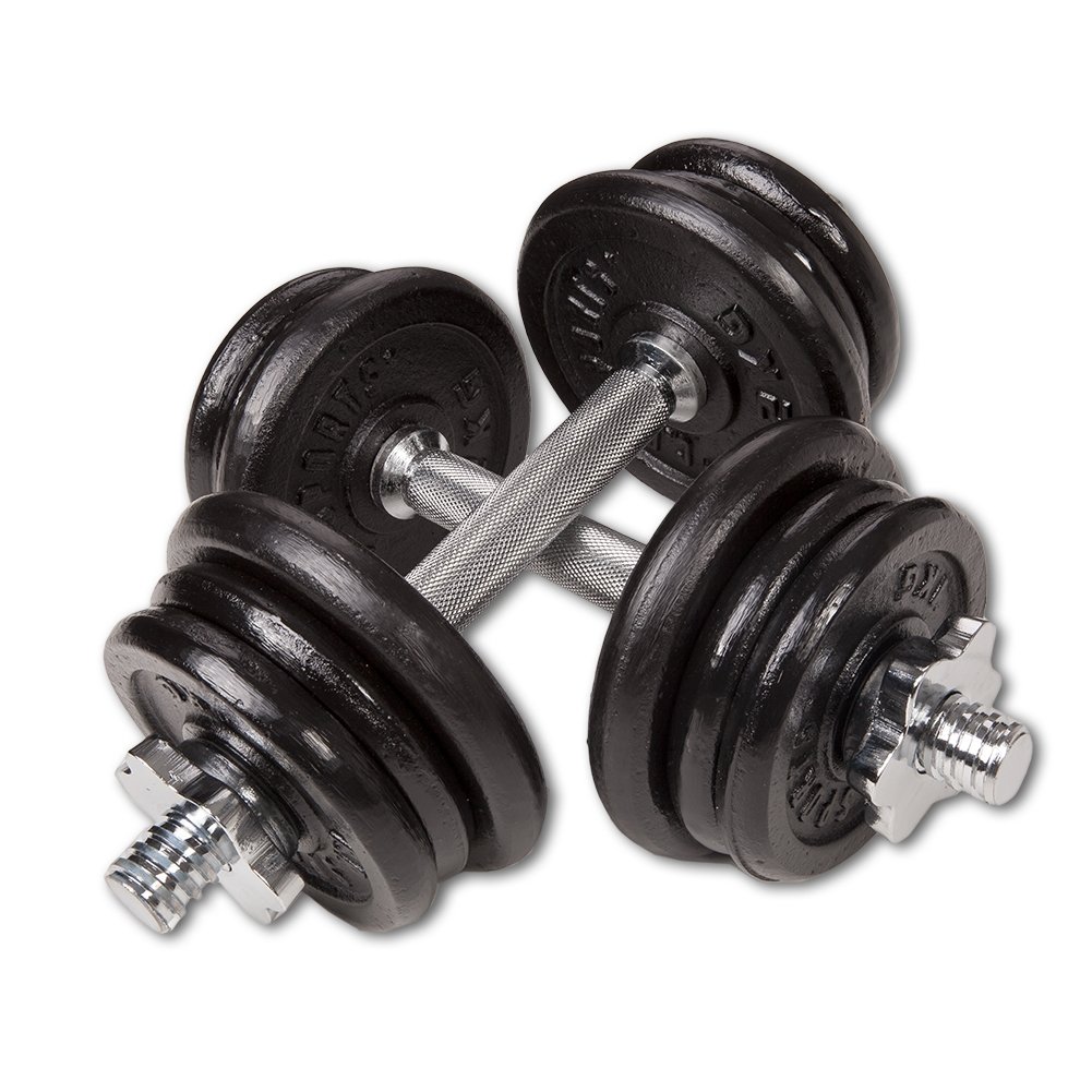 C.P. Sports zestaw krótkich hantli z żeliwa i tworzywa sztucznego 10 kg, 15 kg, 20 kg, 30 kg, zestaw krótkich hantli, hantle, zestaw krótkich hantli z sztangą włącznie z talerzami do hantli (2 x 10 kg