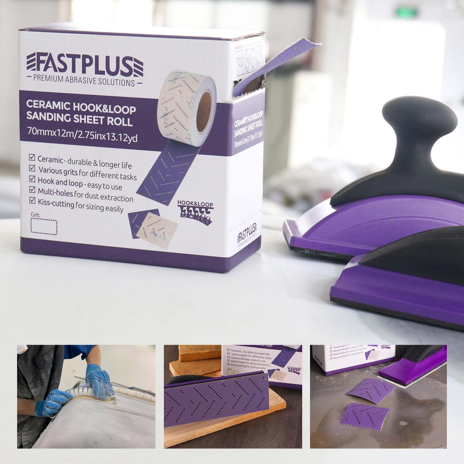 Rouleau de Papier de Verre Céramique Violet 70 mm x 12 m Rouleau de Ponçage Automobile Multi-trous Pour Enlever les Revêtements, Ponçage Automobile, Grain 180