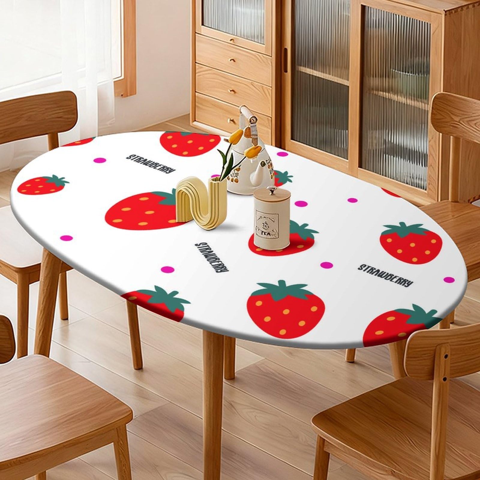 Highdi Waterproof Oval Tablecloth Cover - Oxford Cloth - Elastic Fitted for Kitchen/Garden Oval Tables, Stain-Resistant Wipe-Clean 3D Strawberry Table Cover (pattern 5,116x162cm)