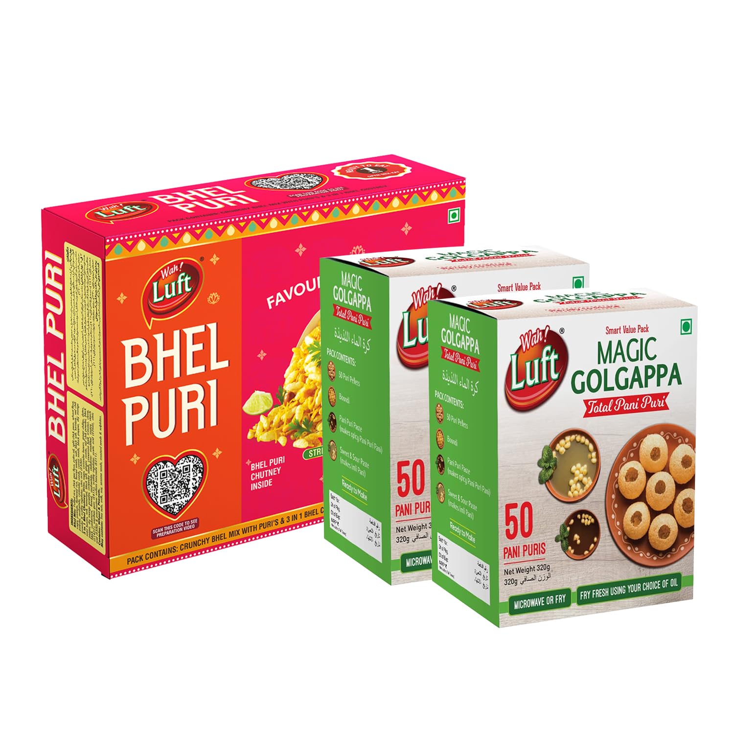 Wah Luft Ready to Eat Bhel Puri Kit and Magic Golgappa Kit, Instant, Namkeen, Snacks, Chutney Inside, Chaat Special, Combo Pack of 2