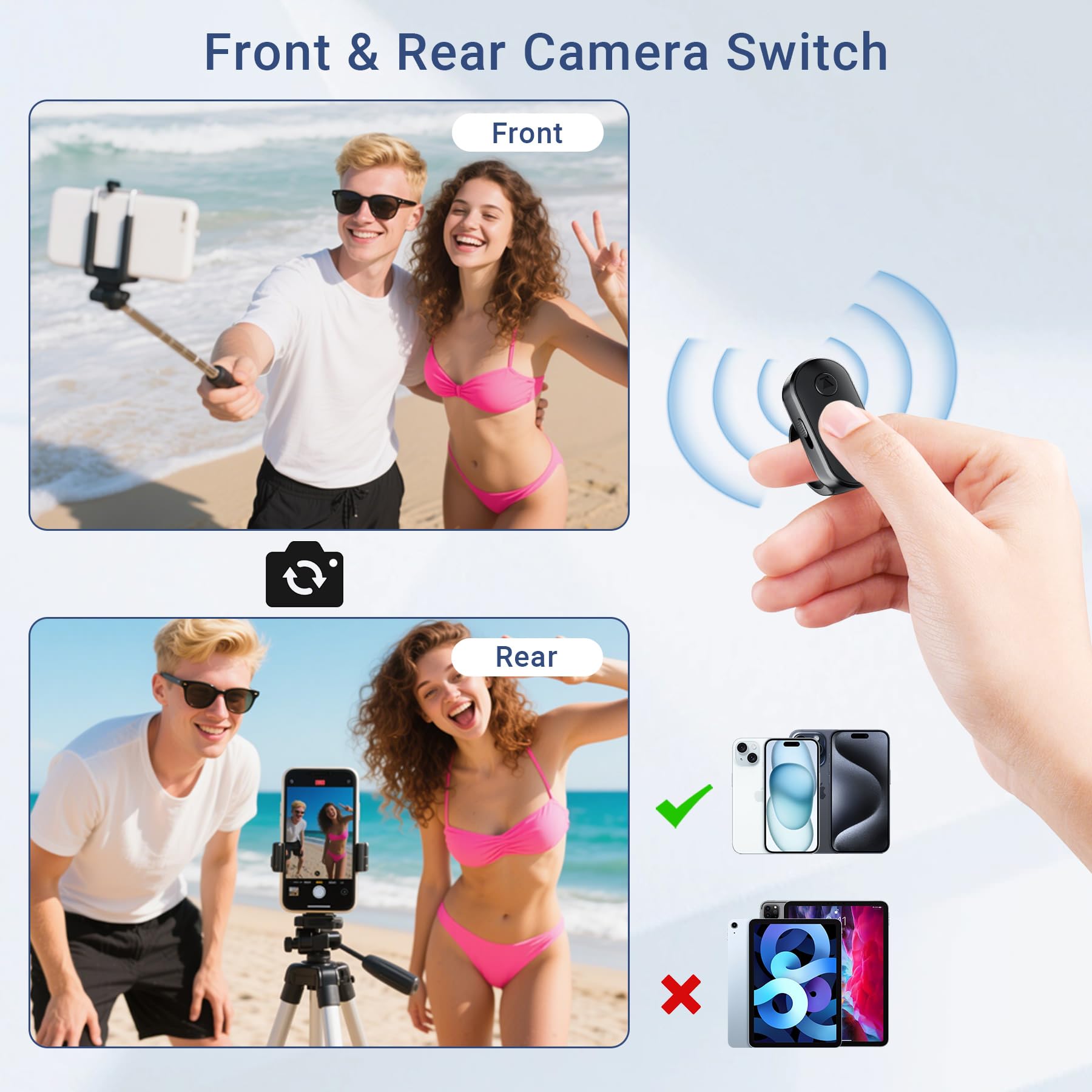 Kabelloser Ringkamera-Fernauslöser mit Zoom für iPhone Android, Bluetooth-Telefon-Auslöser mit Front-/Rückkamera-Schalter, Freisprecheinrichtung für Tiktok, YouTube, Foto- und Videoaufnahme