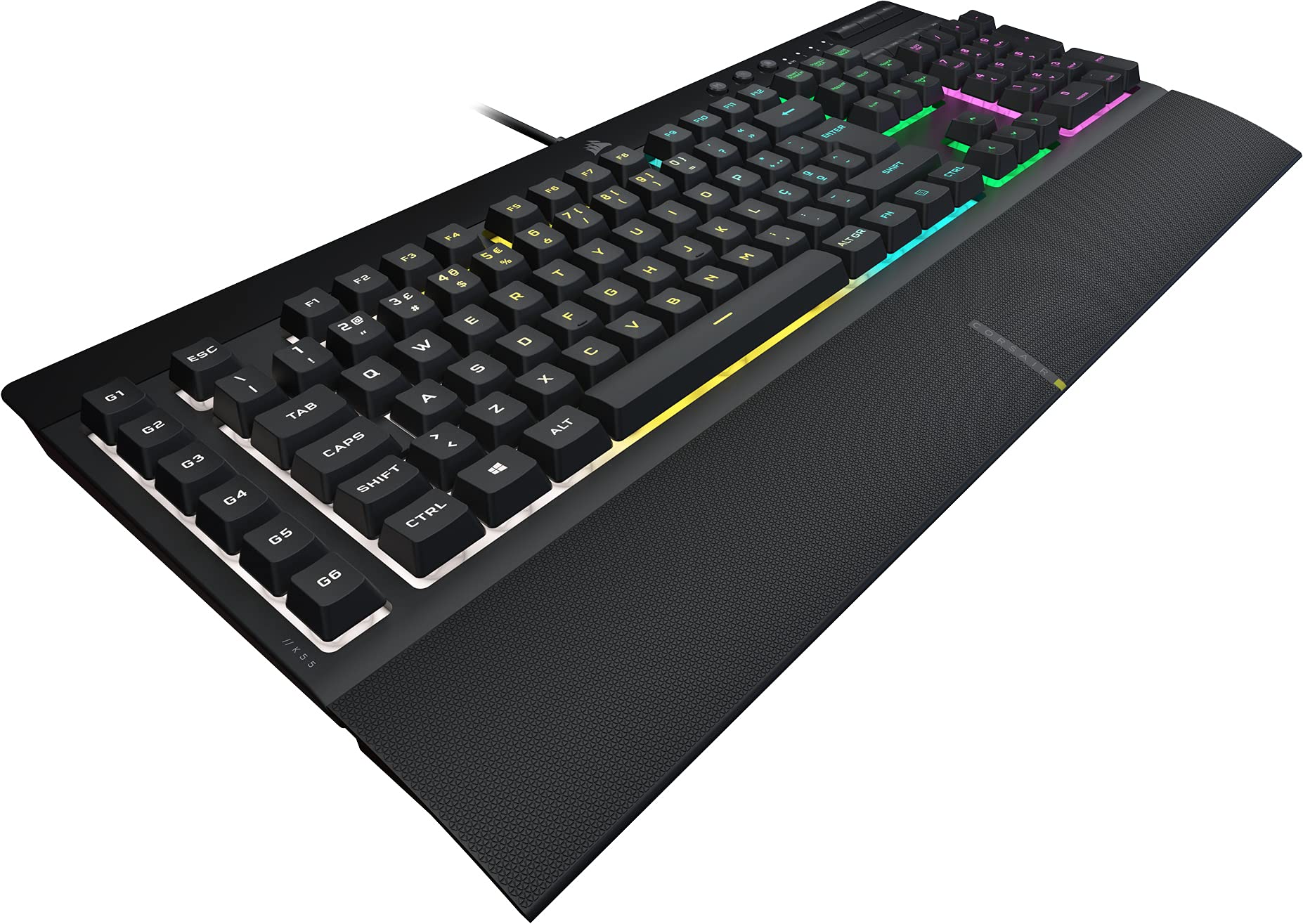 Corsair K55 RGB PRO Teclado para Juegos con Cable y Membrana - IP42 Resistente al Polvo y Las Salpicaduras - 6 Teclas Macro con Integración Elgato - iCUE - QWERTY PORTUGUÉS - PC, Mac, Xbox - Negro