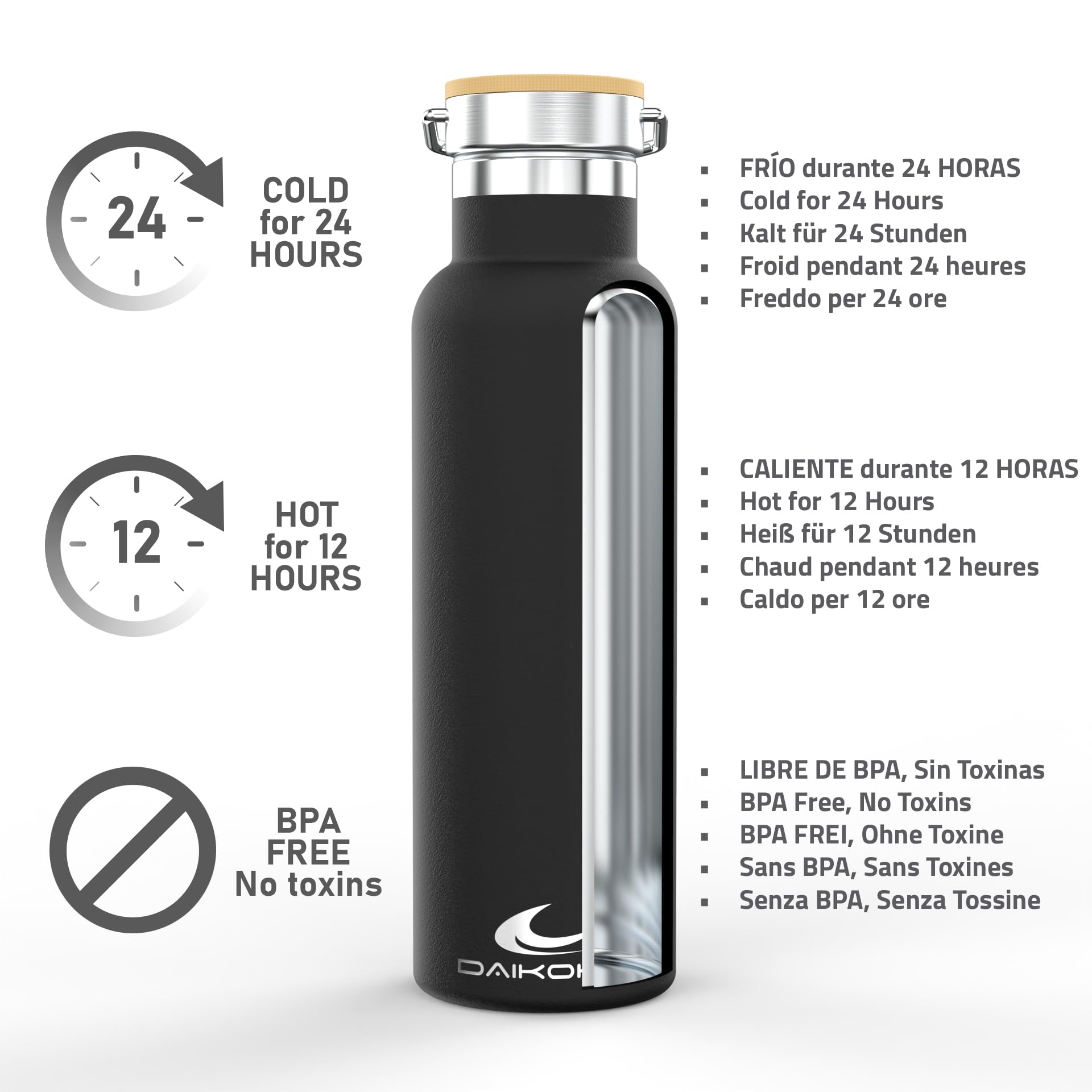 Daikoku Botella Agua Acero Inoxidable - 750ml - Botella Térmica - Bebidas Frías 24 Horas y Calientes 12 Horas - Botella Agua Antigoteo - Doble Pared Libre de BPA - Cantimplora Termica - Negro — view 2