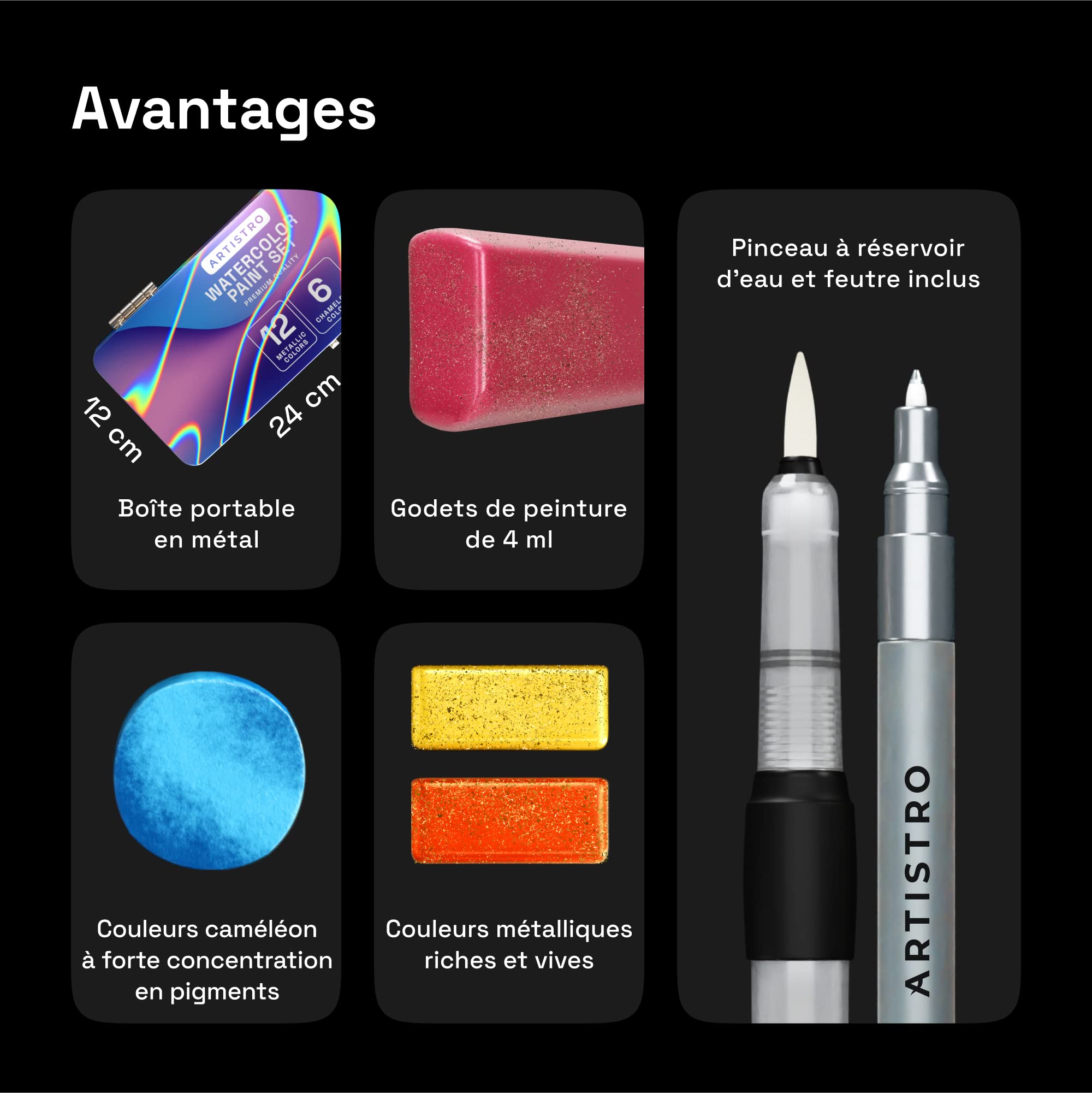 Artistro Palette de peinture18 Godets de 12 aquarelles métalliques irisées et 6 Couleurs caméléon. Kit Portable idéal pour Artistes ou Amateurs et Amoureux de la Peinture Aquarelle