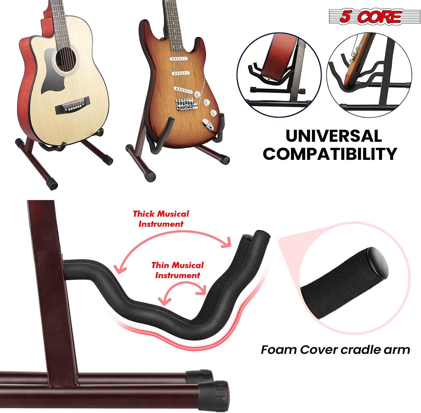 5 CORE Guitar Stand 2Pc A Frame w Soft Foam Arms Non-Slip Rubber for Acoustic Electric Bass Guitar Ukulele & Banjo Foldable Stand - GSS BR 2PCS