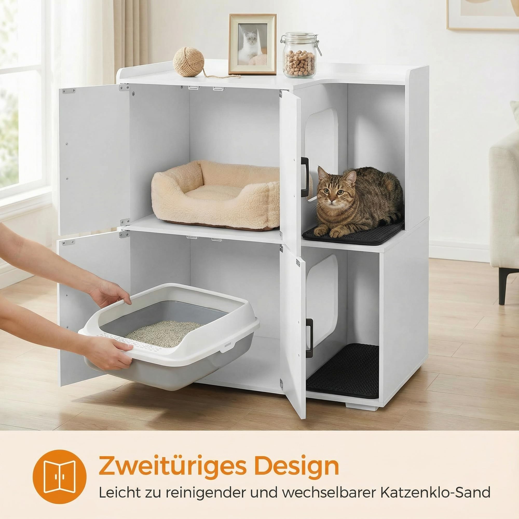 Katzenklo Schrank für 2 Katzen, Katzentoilette Schrank Zweistöckiger, Katzenklo Haus, Katzenhöhle Holz, mit Zwei Katzenstreu-Matten, 80 x 46.5 x 91.5 cm, Weiß