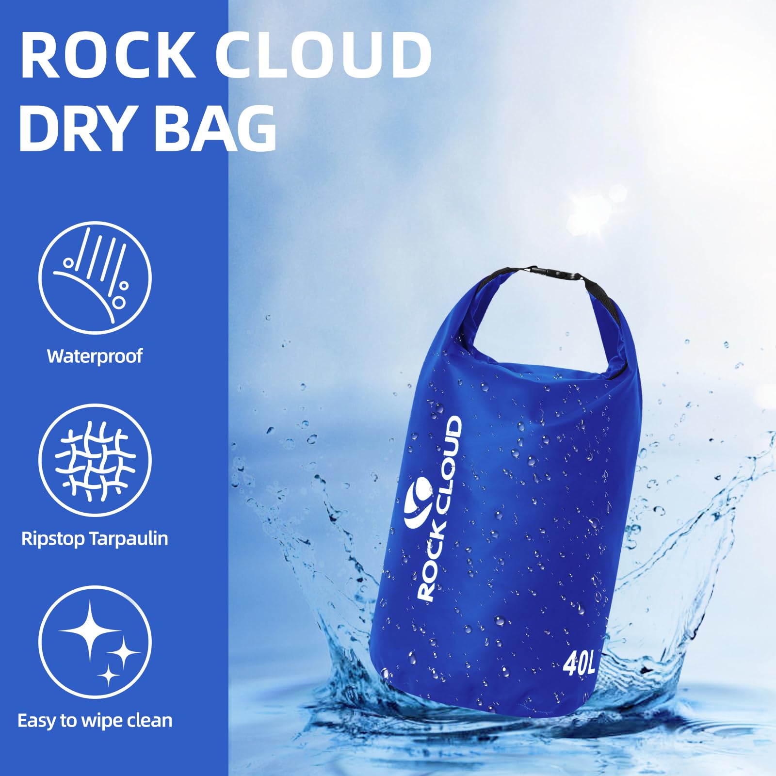 ROCK CLOUD Wasserdichter Trockensack für Kajakfahren, Rafting, Bootfahren, Strand, Surfen, Schwimmen, Kanu, Camping, Wandern, Angeln, Skifahren, blau, 40 l, Trockentasche