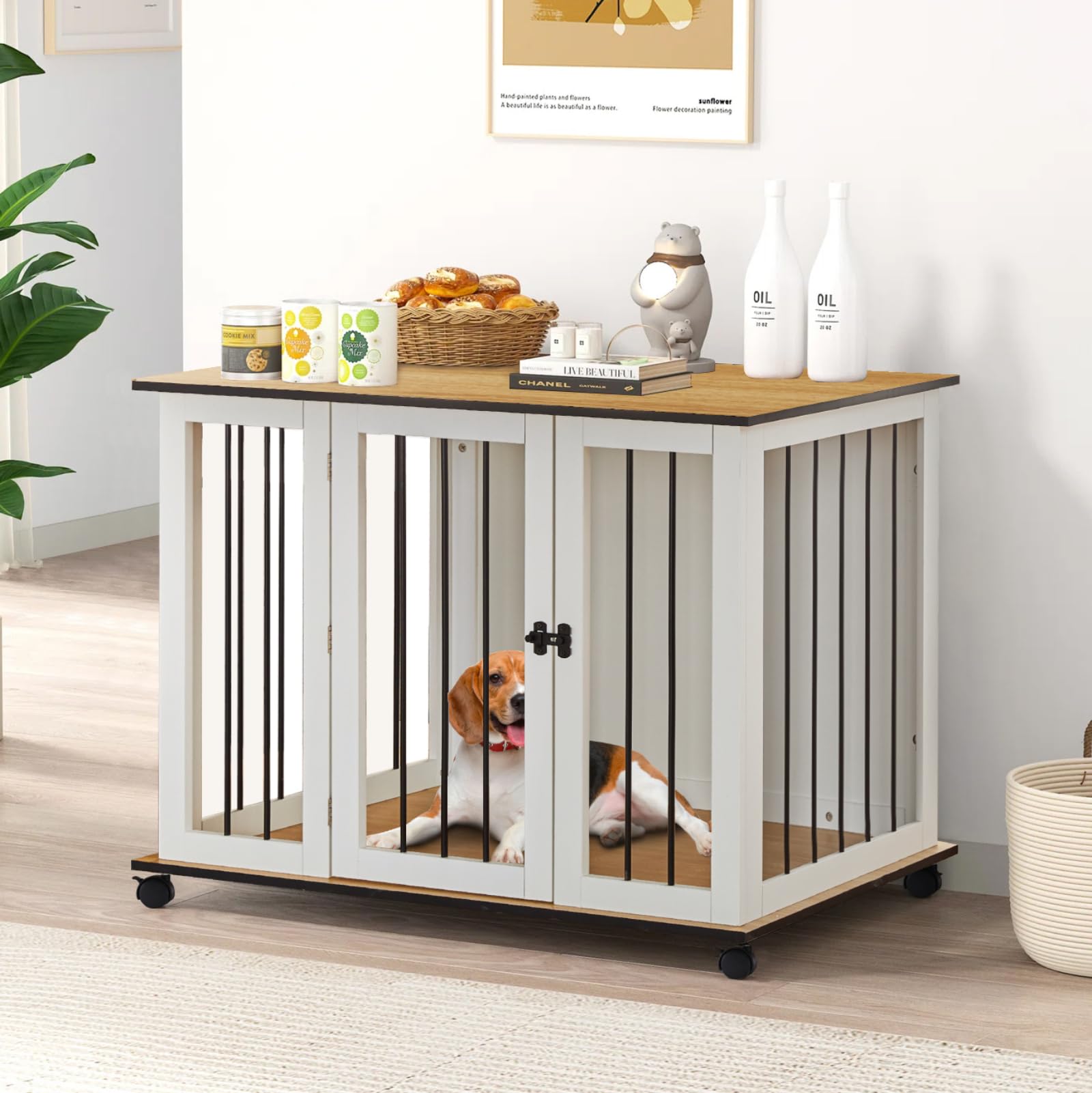 TUKAILAI Hundekäfig Möbel, 106 cm Hundebox Holz mit Raden, Abschließbar Tür, Metall, Moderne Hundehütte Indoor für kleine/mittlere/große Hunde, Hundekäfig für Zuhause 106x60x82 cm, Weiß