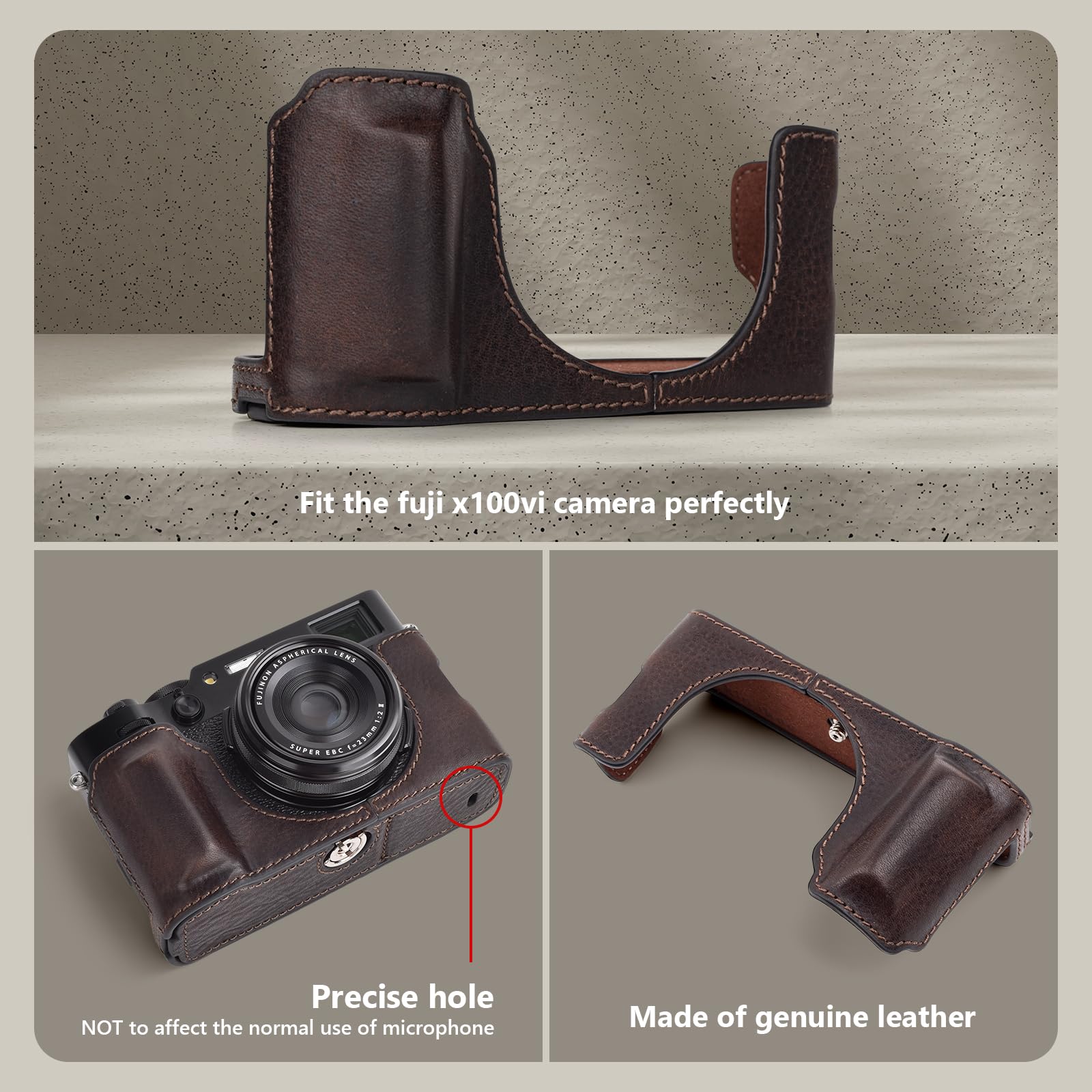 MUZIRI KINOKOO Demi-étui De Protection En Cuir Véritable Compatible Avec Appareil Photo Fujifilm X100VI – Avec Ouverture En Bas Et Poignée, Café, Étui Pour Appareil Photo