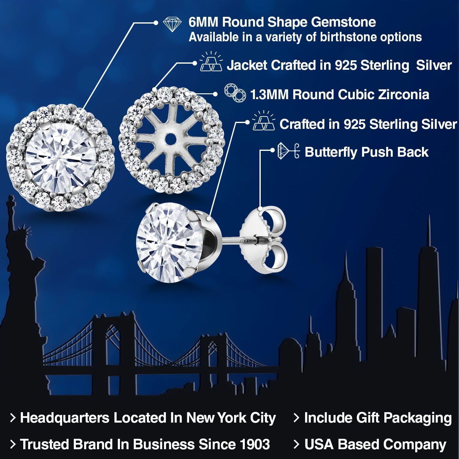 Gem Stone King Removable Halo Jacket Stud Earrings for Women | 925 Sterling Silver | 6MM Round Gemstone Birthstone | Fine Jewelry Gifts for Women Her Mom Wife