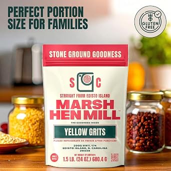 Marsh Hen Mill Sea Island Yellow Grits | Stone Ground Grits | Gluten Free Old Fashioned Grits | Southern Heirloom Corn Grits with a Hearty, Fruity, Nutty Flavor | 100% Natural | 24 Oz (Pack of 1)