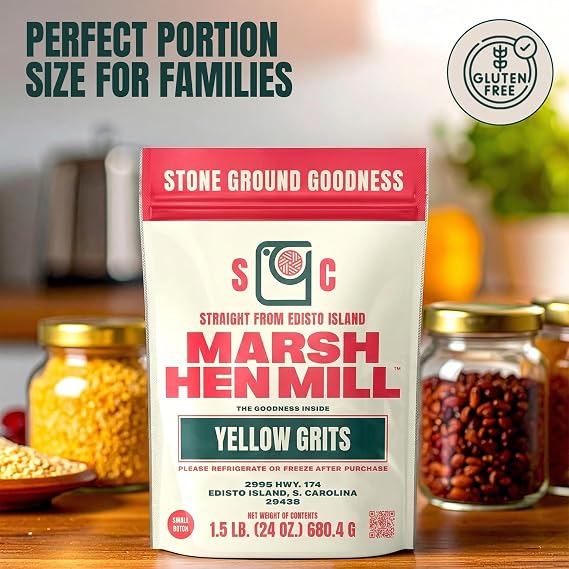 Marsh Hen Mill Sea Island Yellow Grits | Stone Ground Grits | Gluten Free Old Fashioned Grits | Southern Heirloom Corn Grits with a Hearty, Fruity, Nutty Flavor | 100% Natural | 24 Oz (Pack of 1)