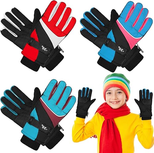 Newcotte 3 pares de guantes de invierno impermeables de puño largo para niños guantes de esquí de nieve para mantenerse en el viento guantes cálidos