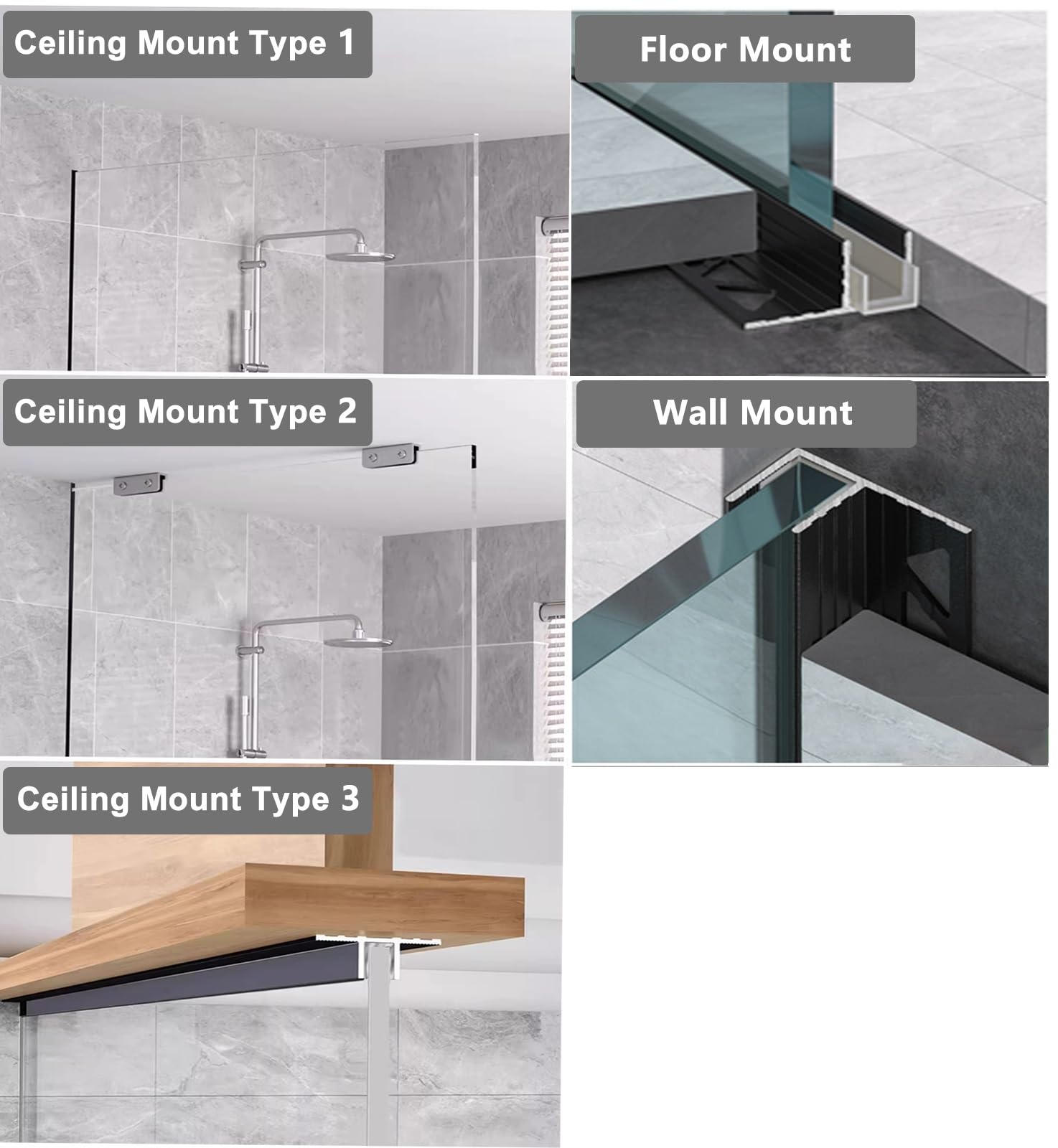 Cristal de ducha con canal F profundo, perfil de montaje en techo de pared de aluminio para panel de 1/3 3/8 1/2 pulgadas de grosor, retenedor de puerta sin marco de baño