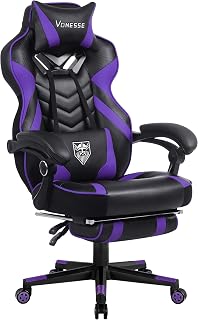 Vonesse Big & Tall Gaming Chair with Footrest, Massage Lumbar, Ergonomic High Back, Pocket Spring Cushion - Purple/Black