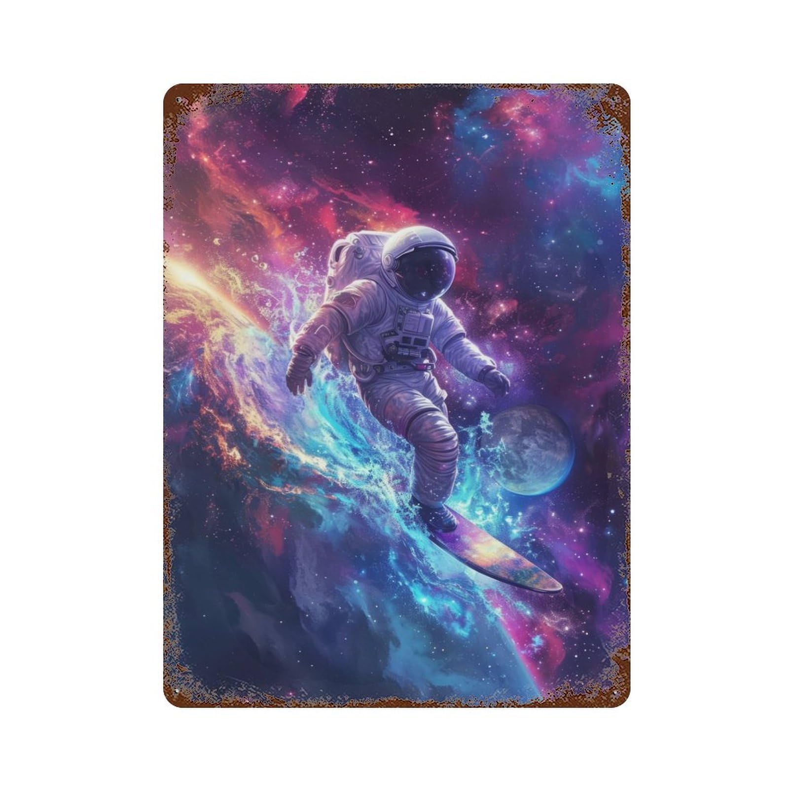 Vintage Rust Metal Sign with Astronaut Surfing in Space Design 15.7"x11.8", for Shed, Workshop And Garage Wall Decor, Classic Wall Plaque