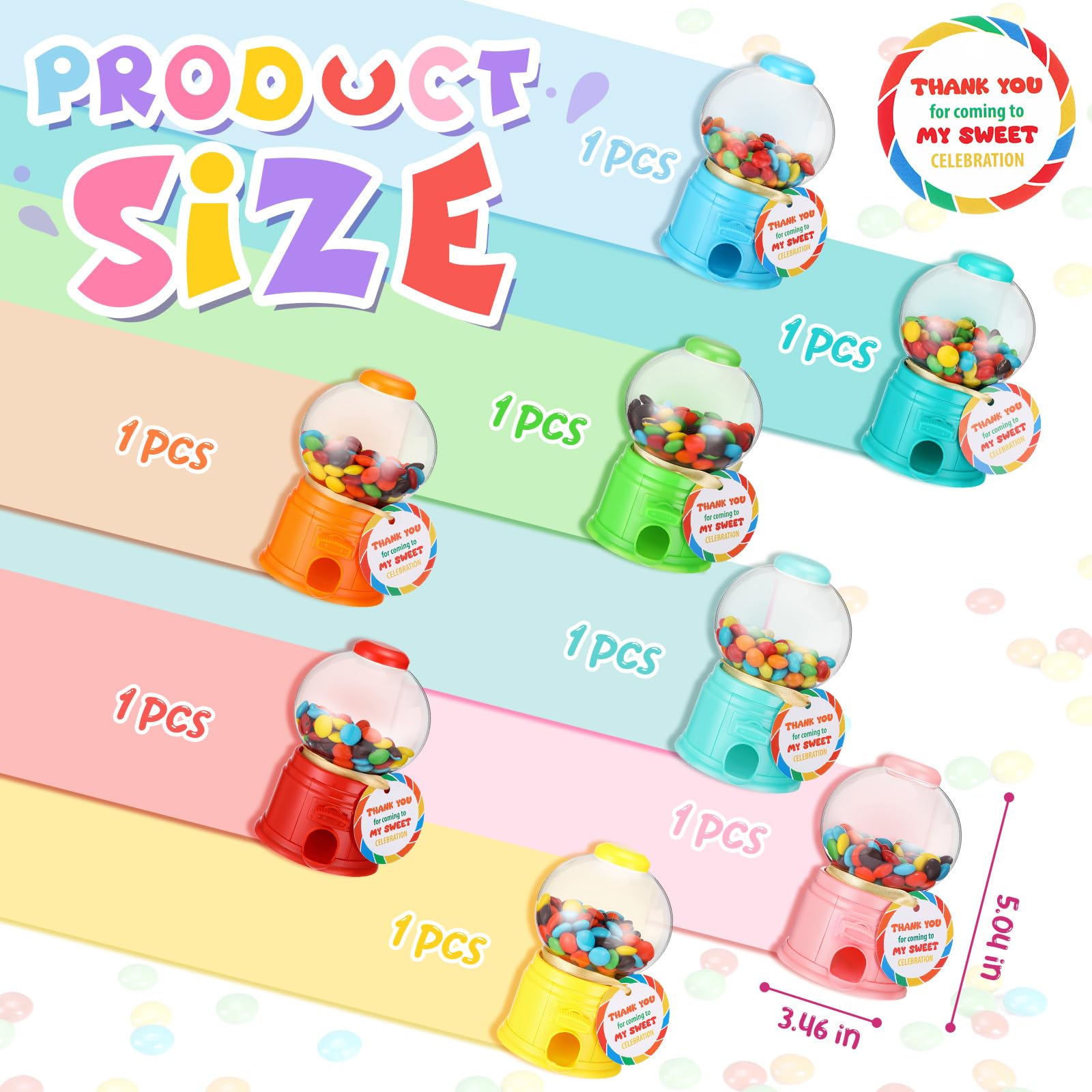 Foilswirl 8 Set Candy Theme Party Favors with 5 Inch Mini Candy Dispenser Thank You Cards Plastic Gumball Machines for Birthday Party Supplies Sweet Celebration Decorations