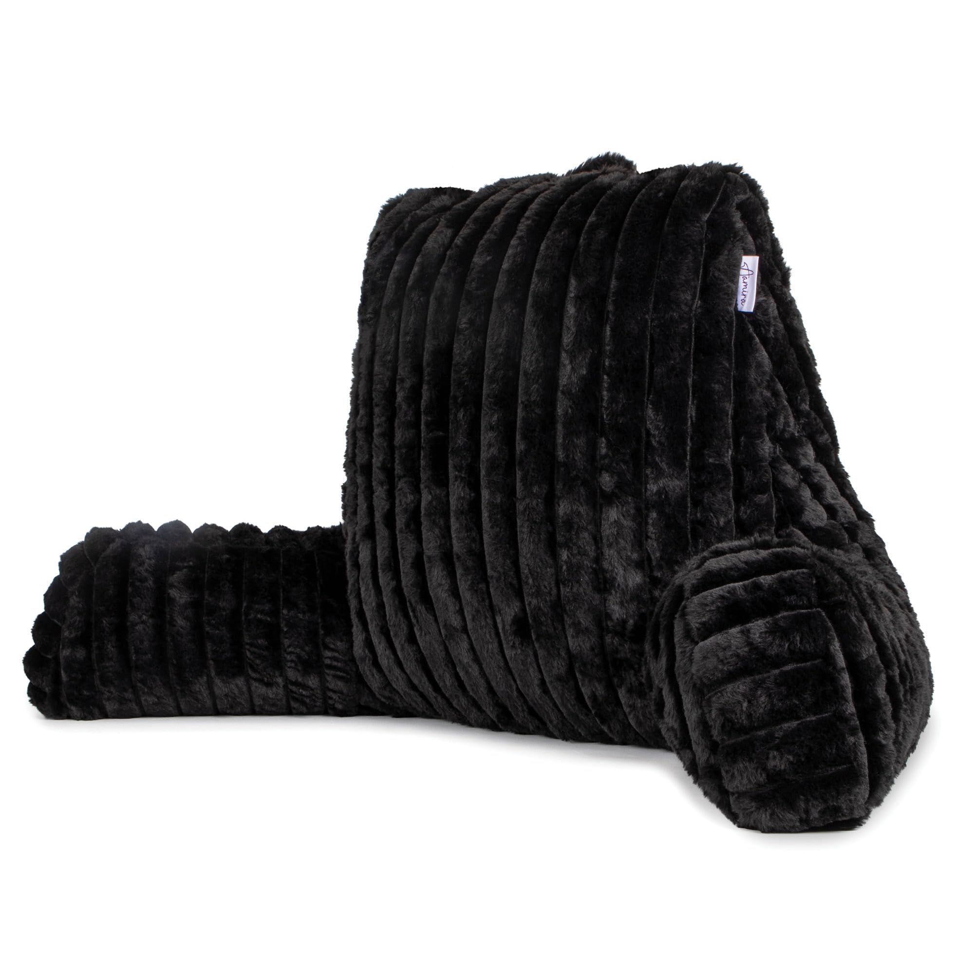 Aamira Black Faux Fur Ribbed Reading Pillow, Large Shredded Memory Foam Backrest Cuddle Cushion With Arms & Back Pocket, Ideal For Back Support, Bed, Reading Or Gaming Cushion
