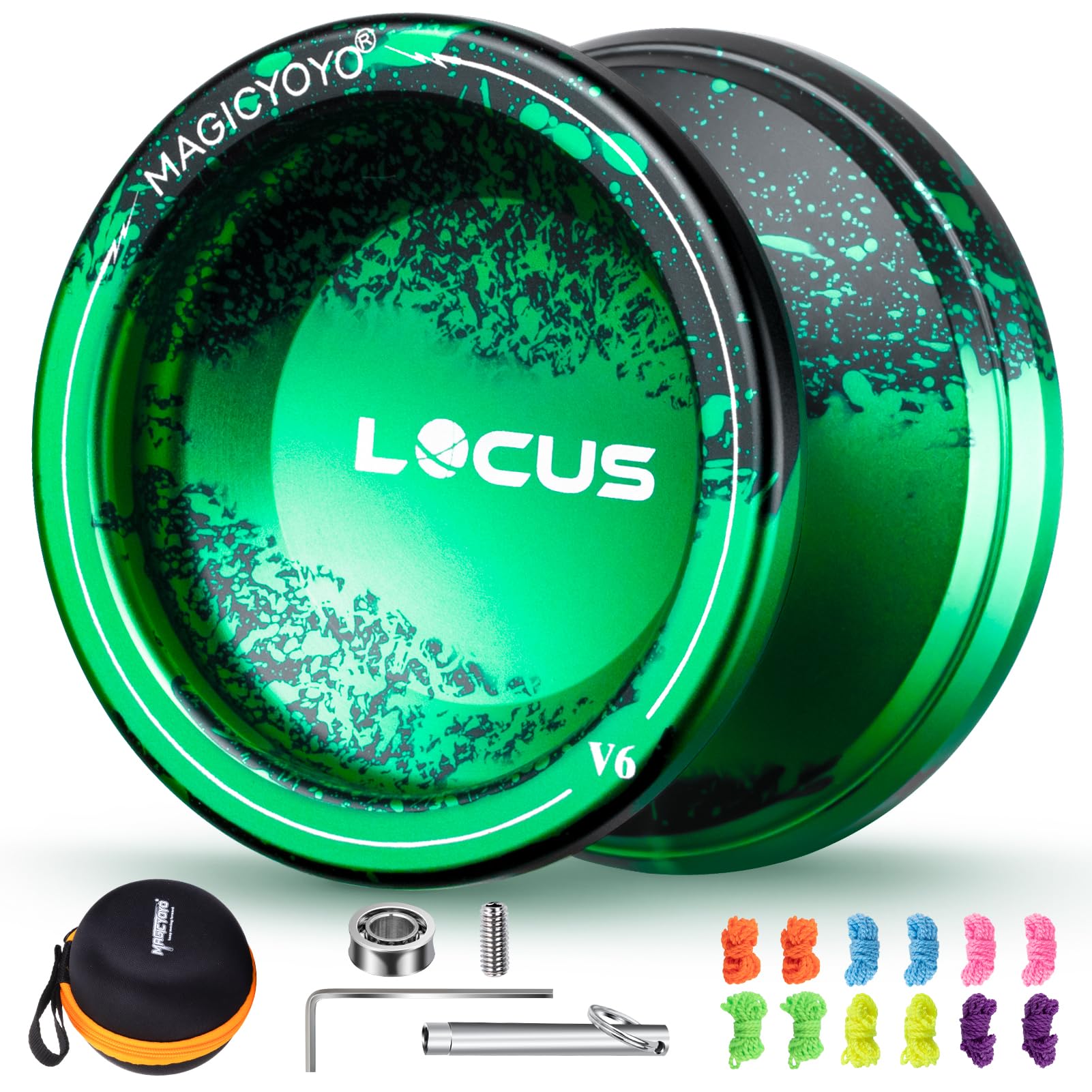 MAGICYOYO V6 Metal Yoyo Responsive Yoyo for Kids, Trick Yoyo Professional Unresponsive Yoyo for Adults, Dual Purpose Yo Yo Stunt Yoyo Ball with Bearing Kit + 12 Yoyo Strings + Yo Yo Case (Black Green)