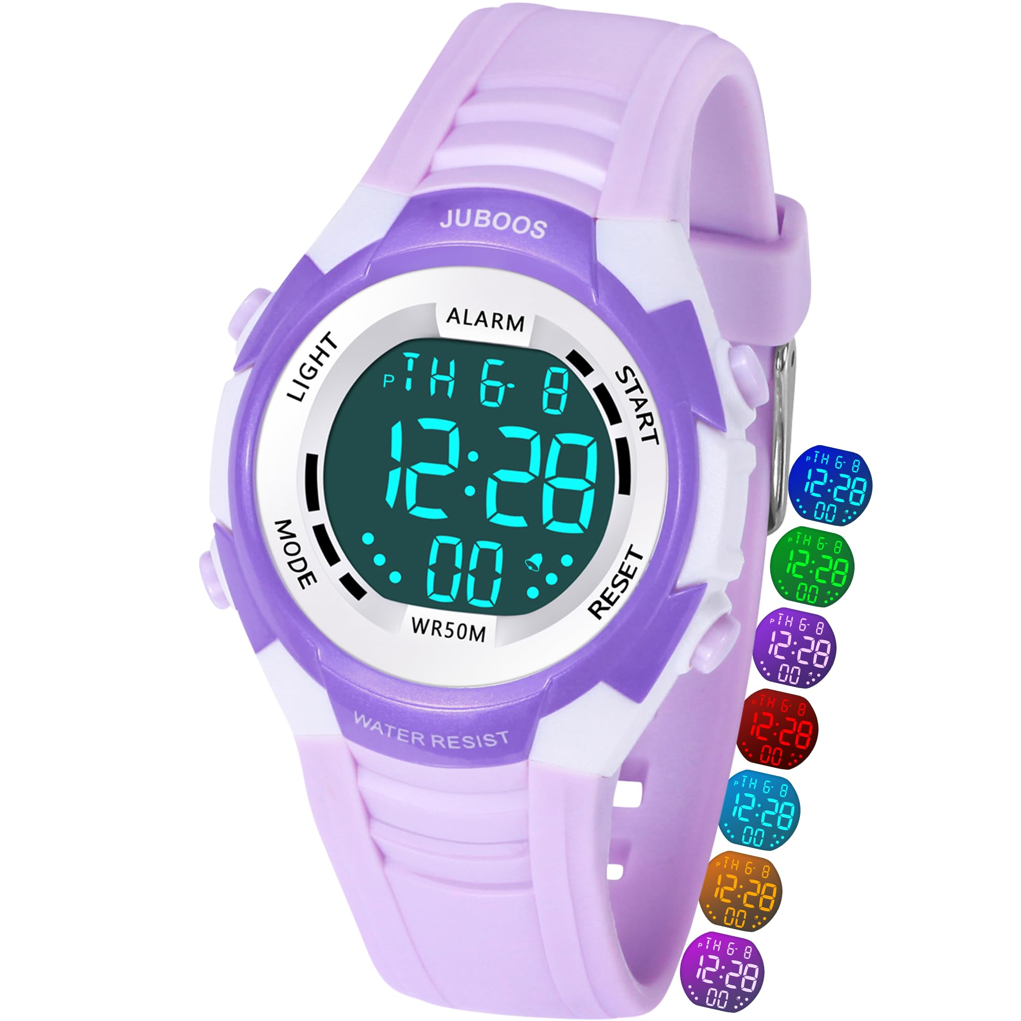 Juboos Reloj Digital Deportivo para Niños,7 Colores con Luz led,Resistente al Agua, con Alarma,Cronómetro,Reloj de Pulsera para Niños y Niñas de 5 a 18 Años