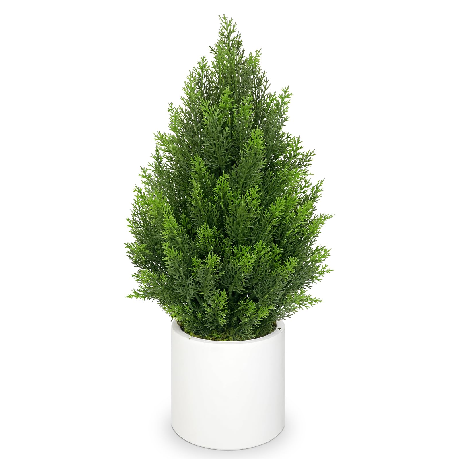 Briful 27” Artificial Cedar Topiary Tree in White Planter – Realistic Faux Evergreen Floor Plant with Layered Leaves, Decorative Indoor Outdoor Potted Shrub for Home, Office, Patio, Porch