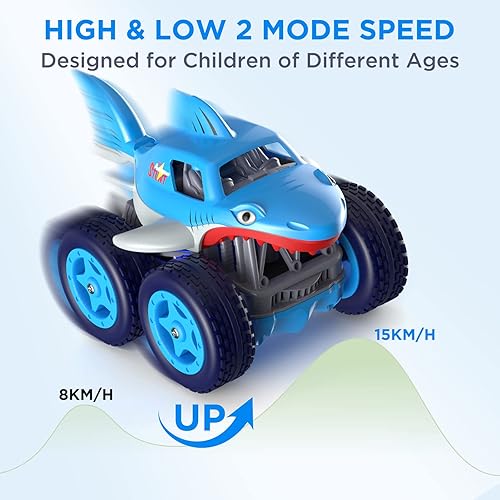 Miniatura 7 de MaxTronic Mini auto a control remoto  4WD 2.4Ghz 360 giratorio Stunt RC Truck con batería recargable incorporada, diseño de tiburón, juguetes para