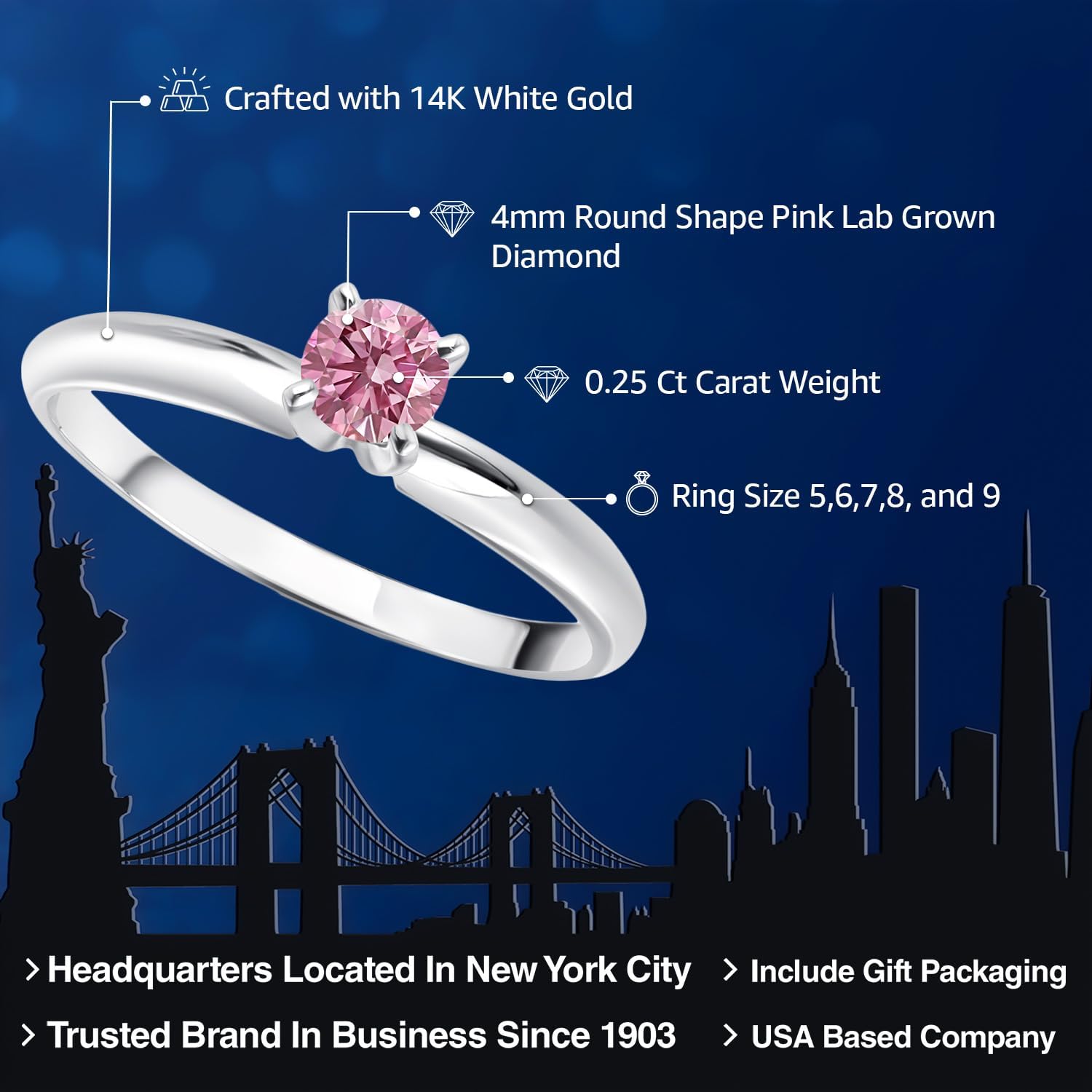 Gem Stone King 14K White Gold 4MM Round Gemstone Birthstone Solitaire Engagement Ring | Wedding Anniversary Promise Gold Ring For Women | Available In Size 5, 6, 7, 8, 9