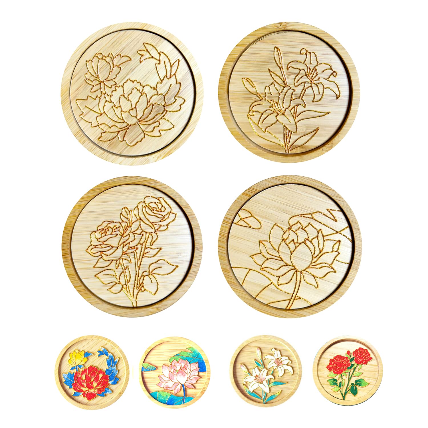 Magicaldiy Colorful 4 Pcs Bamboo Coasters For Cloisonne Enamel Painting Crafts, Handmade Peony Lotus Rose Lily Flower Pattern Filigree Craft Activities Coasters, 3.5 Inch