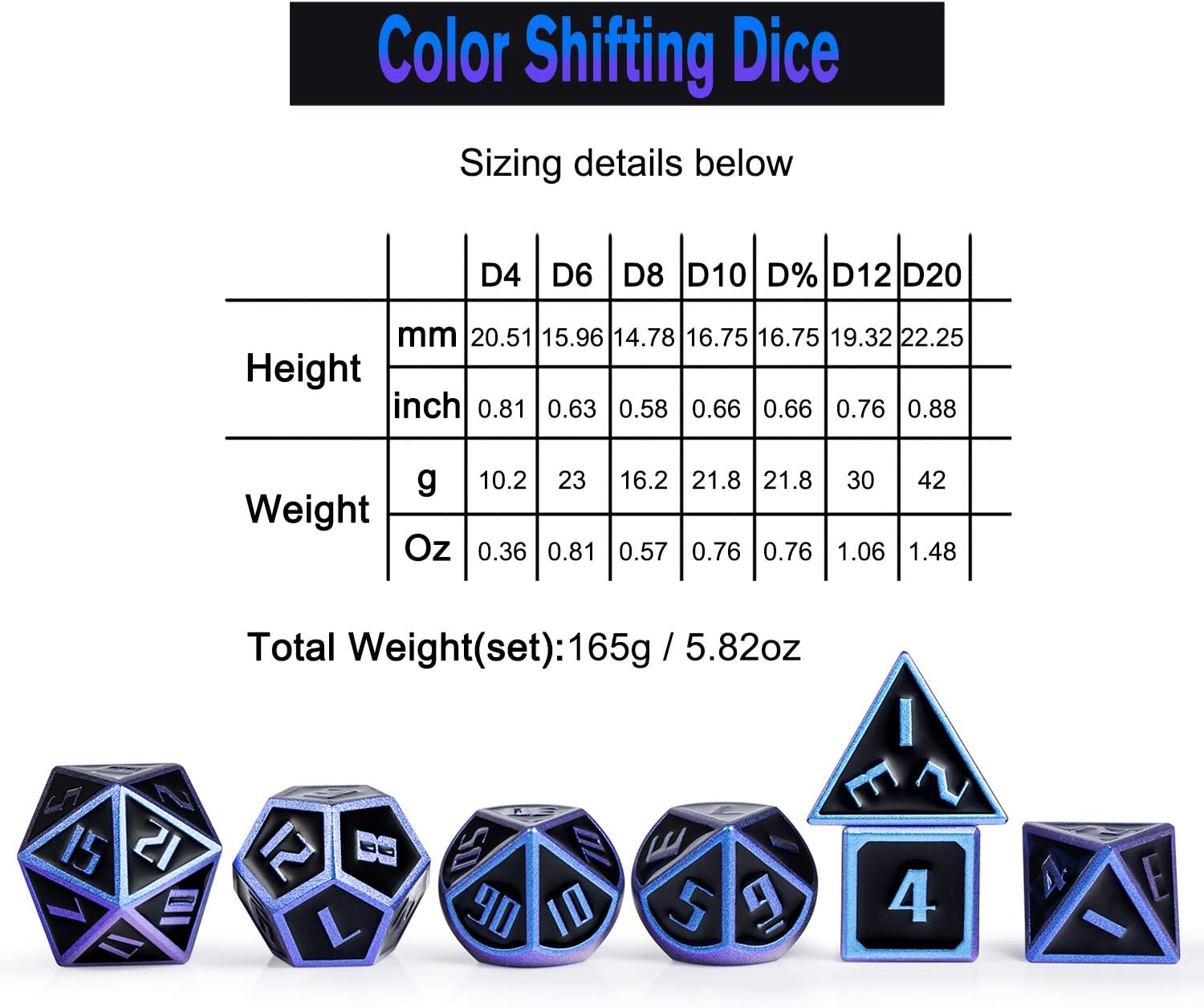 16mm Metal Dice Set D&D, Chameleon DND Polyhedral Dice with Metal Case and Velvet Bag for Playing Tabletop Roleplay Games Dungeons and Dragons by ALLCOLORED