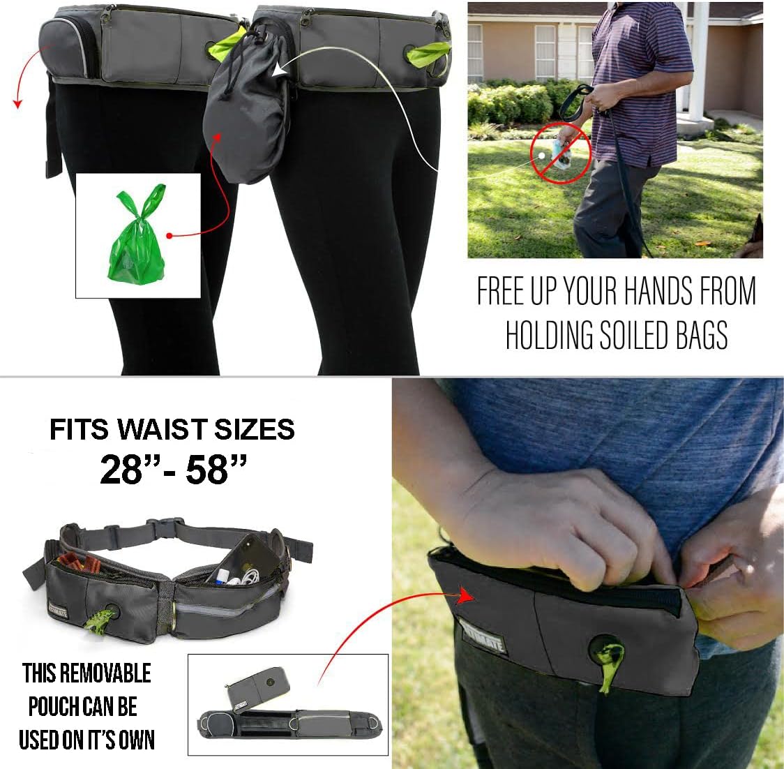 TAKSIN The Ultimate Hands Free Two Dogs Double Leash System for Walking Running Hiking Training, Reflective Bungee Leash, Treat Holder, Poop Bag Dispenser for Small Medium Large Dogs (Grey Pack)